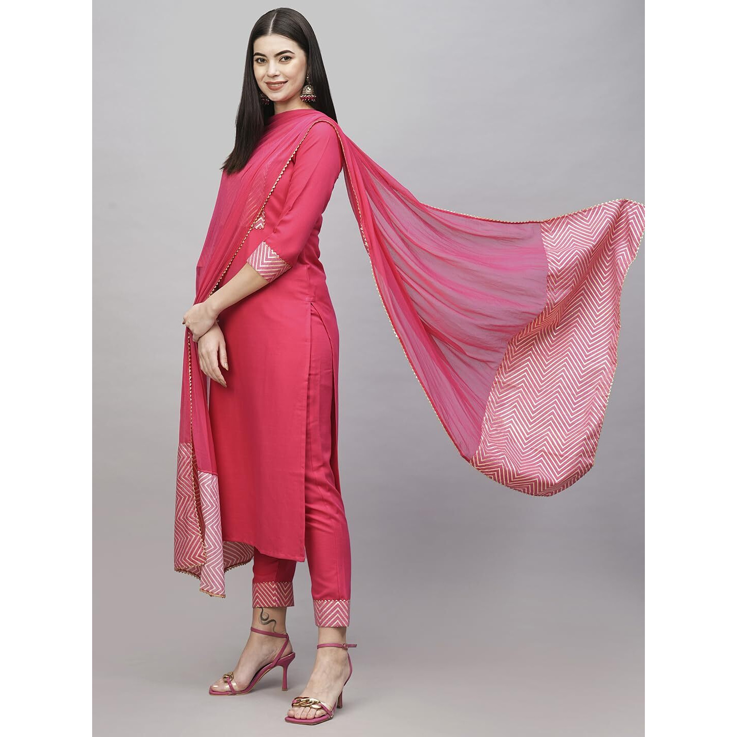 GoSriKi Women's Cotton Blend Straight Printed Kurta with Pant & Dupatta (KIKU Rani-GS_XXL_Pink_XX-Large)