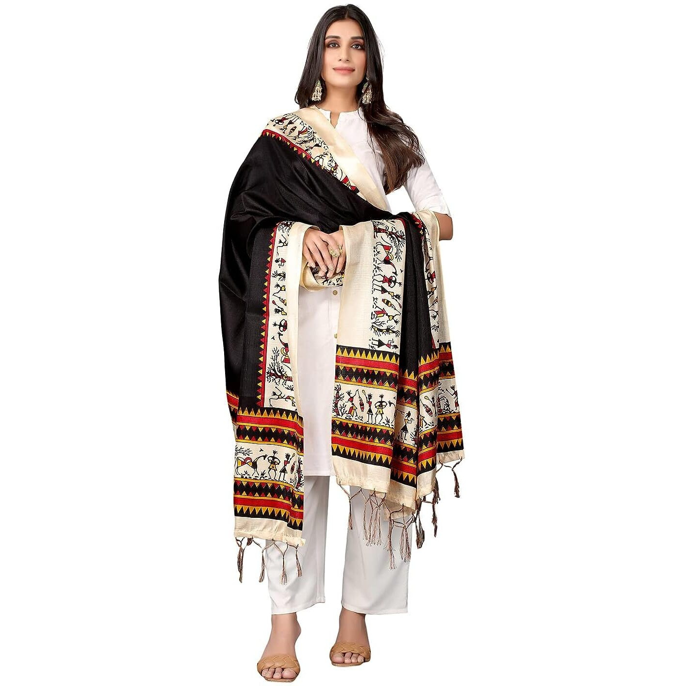 KEMZA Women's Warli Printed Cotton Silk Dupatta (Black) with Traditional Print Surface