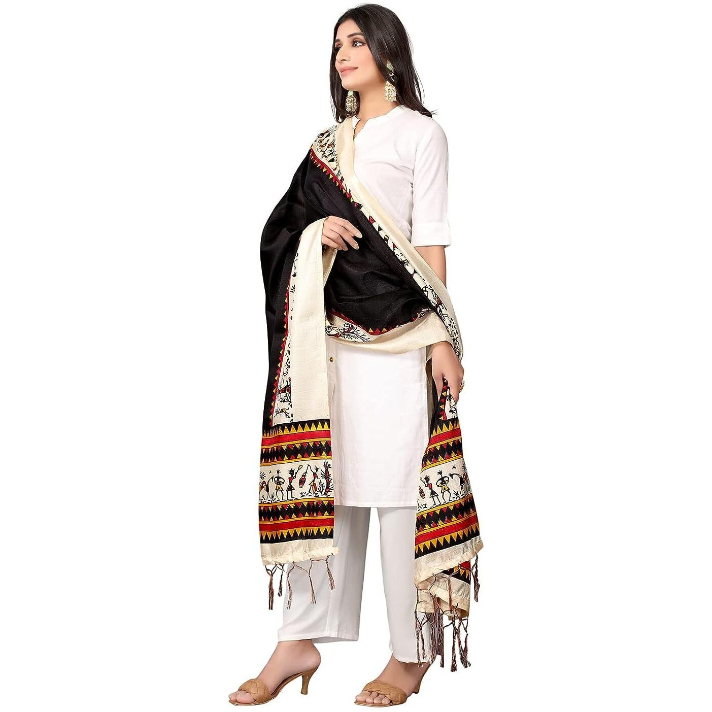 KEMZA Women's Warli Printed Cotton Silk Dupatta (Black) with Traditional Print Surface