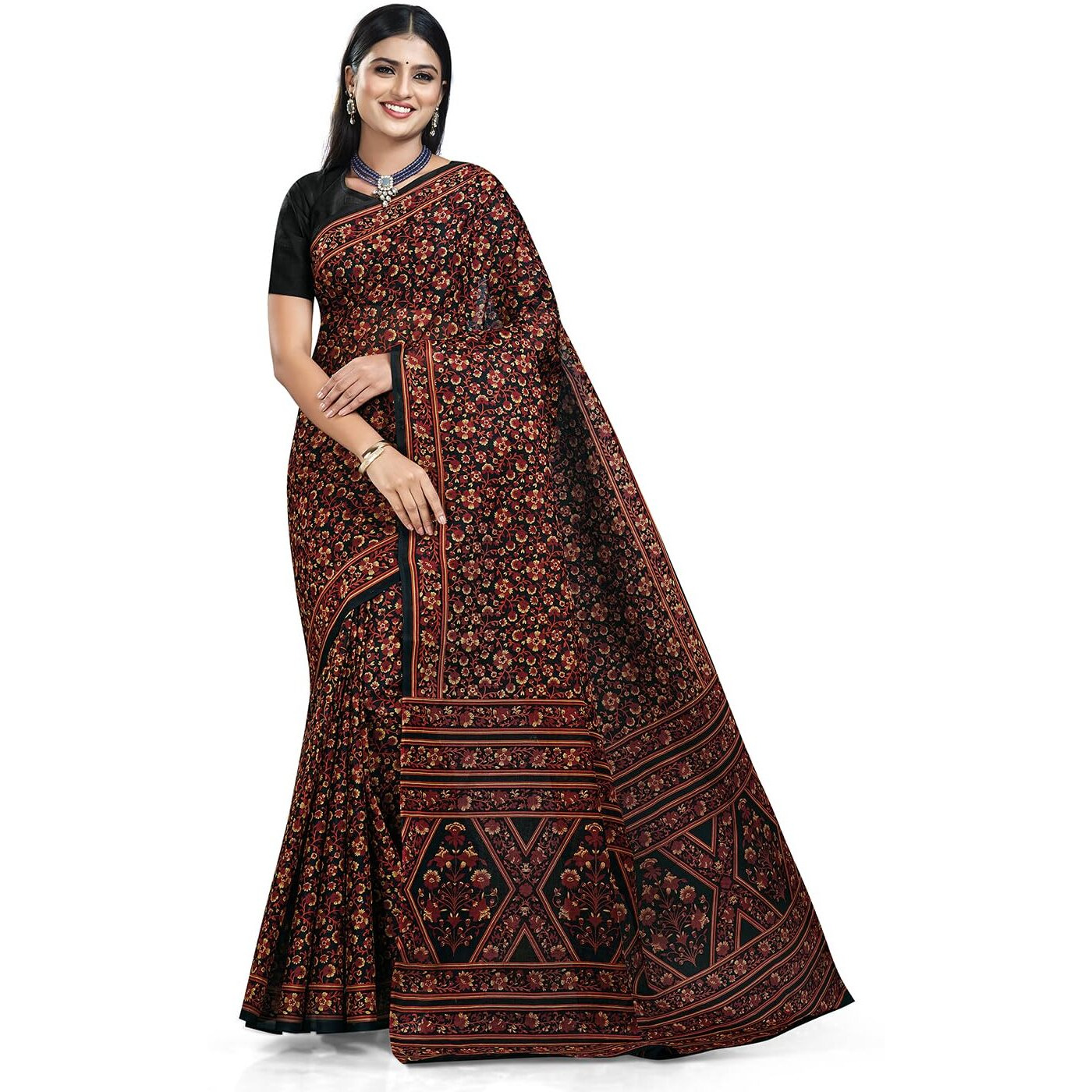 RANI SAAHIBA Women's Pure Cotton Printed Saree With Blouse Piece (SKR11457_Black 6)