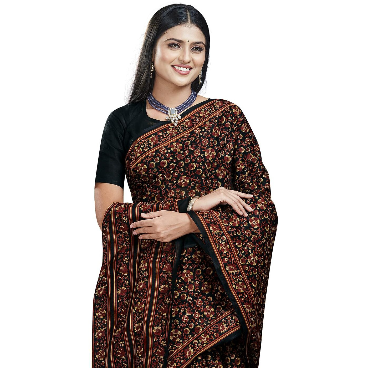 RANI SAAHIBA Women's Pure Cotton Printed Saree With Blouse Piece (SKR11457_Black 6)