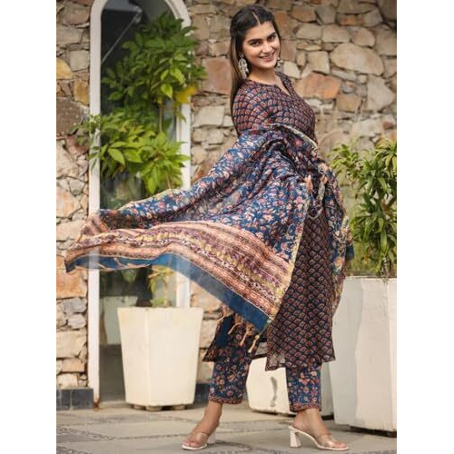 DHRUVI TRENDZ Women Cotton Blend Fancy Kurta Set Regular Fit Printed (DT-K2706&P128_Blue_L)