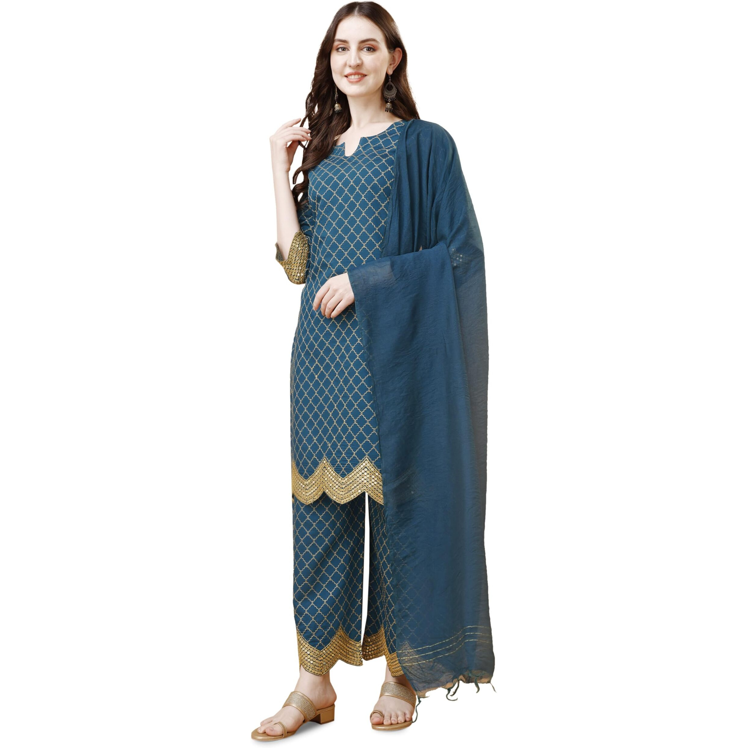 Pratham Blue Kurta Set for Women Silk Embroidered Straight Kurta Set for Women with Palazzos and Dupatta (PB-6090-L_Blue)
