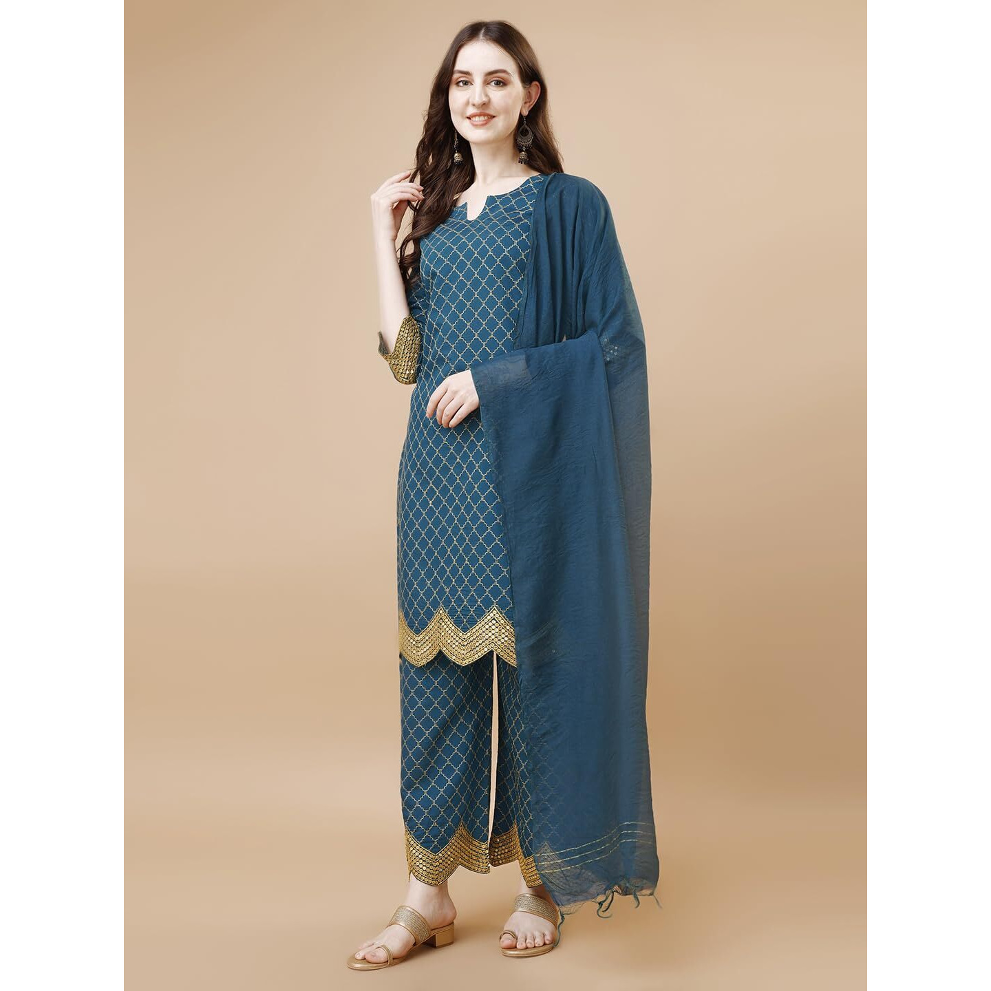 Pratham Blue Kurta Set for Women Silk Embroidered Straight Kurta Set for Women with Palazzos and Dupatta (PB-6090-L_Blue)