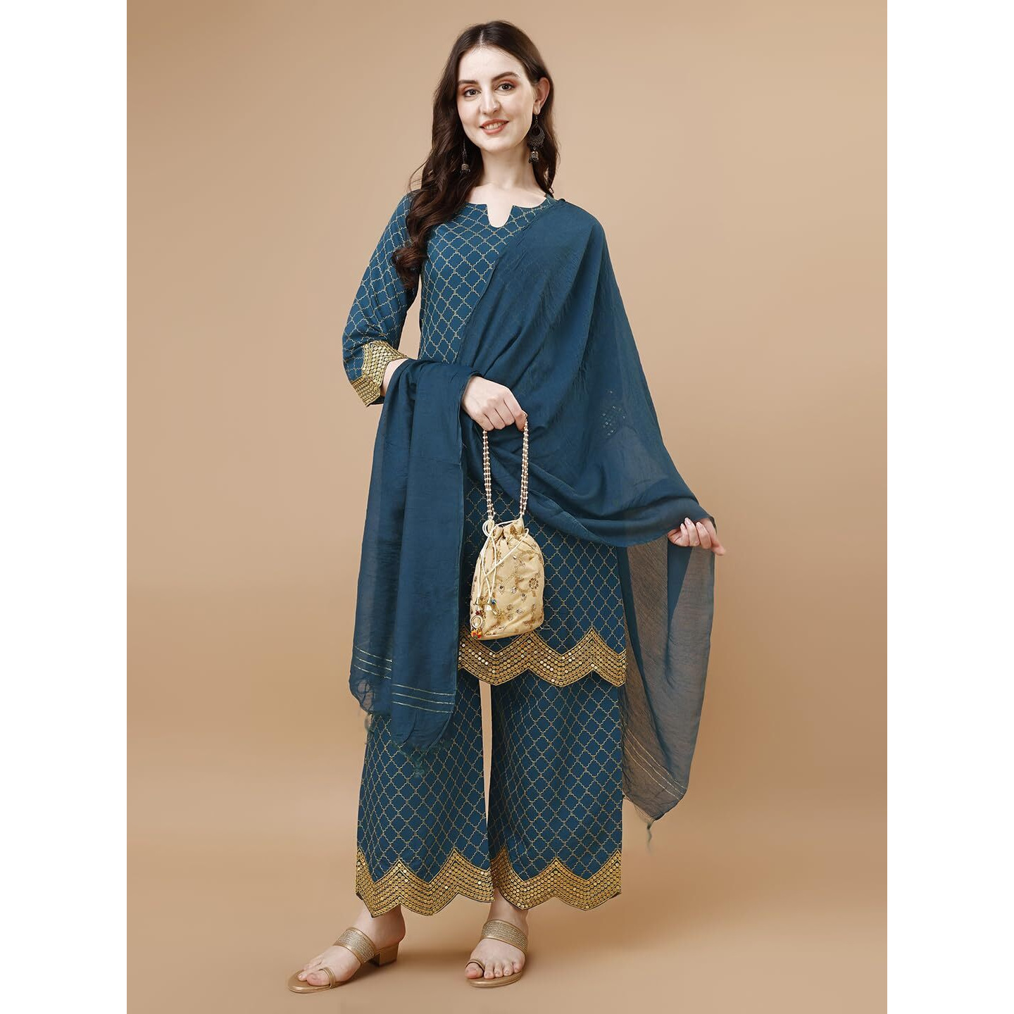 Pratham Blue Kurta Set for Women Silk Embroidered Straight Kurta Set for Women with Palazzos and Dupatta (PB-6090-L_Blue)