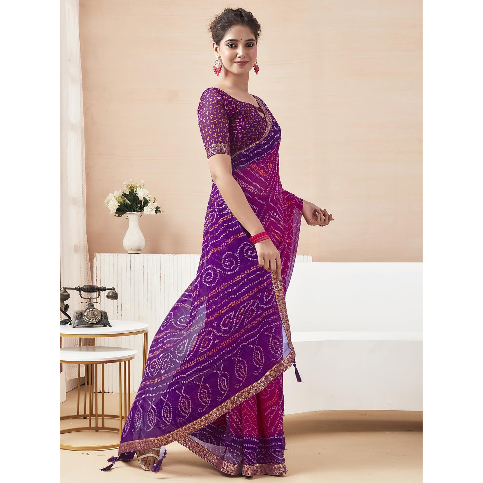 SAMAH Women's Pure Chiffon Saree (3728S2634N_Deep Purple & Magenta2)