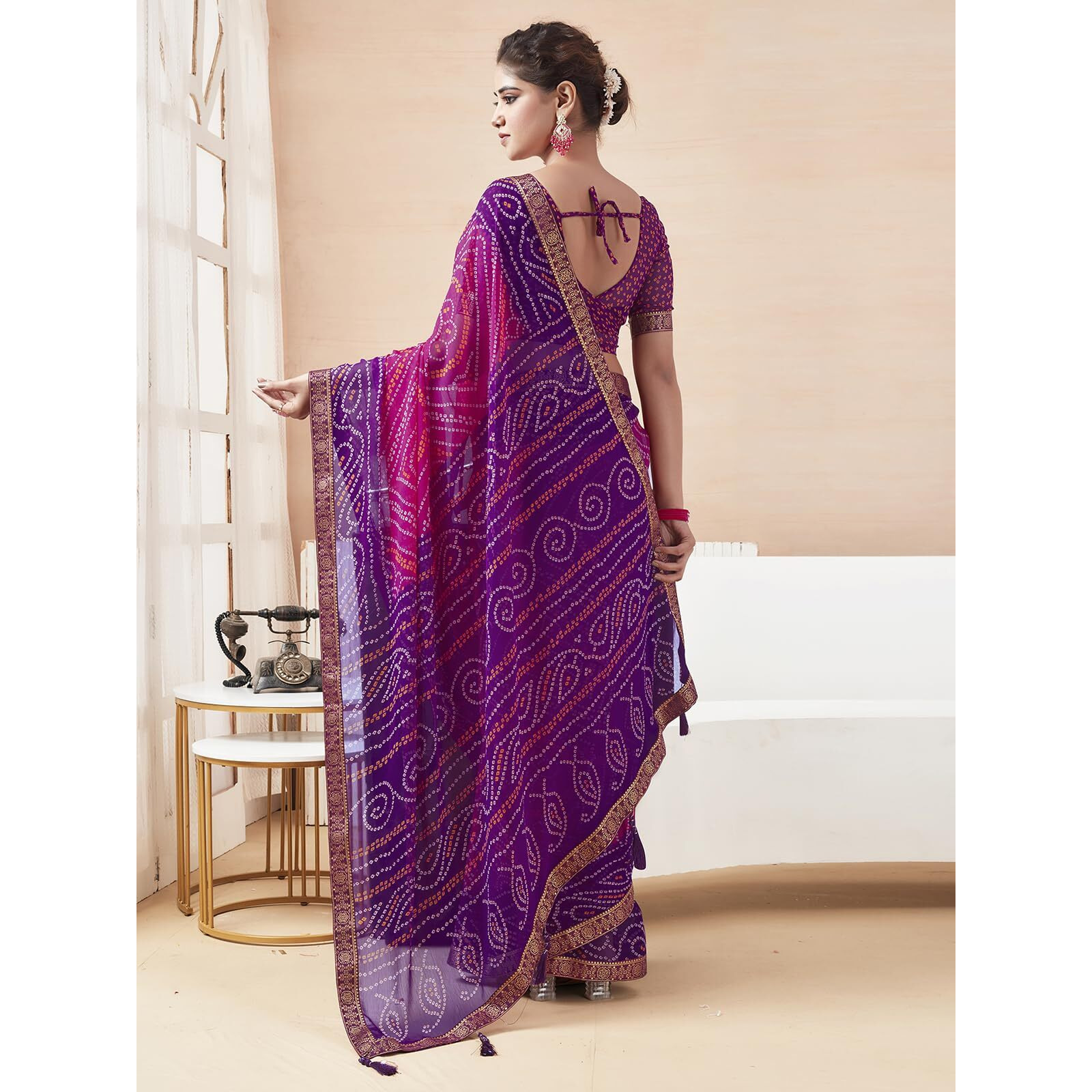 SAMAH Women's Pure Chiffon Saree (3728S2634N_Deep Purple & Magenta2)