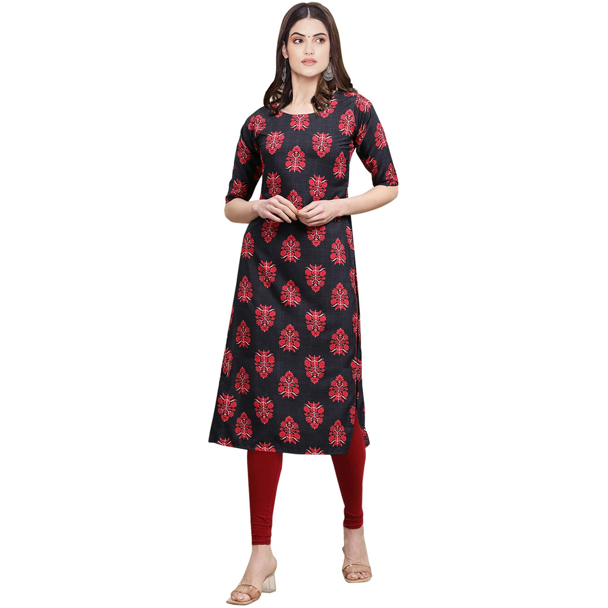 Pinkmint Women's Crepe Grey & Red Color Floral Printed Straight Kurti (530345-XL)