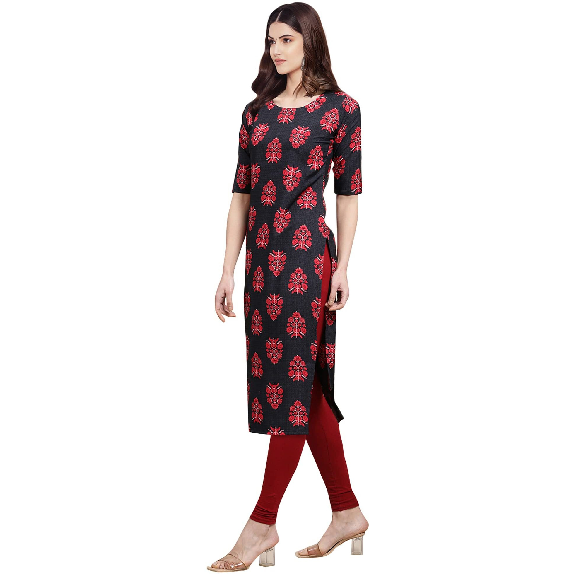 Pinkmint Women's Crepe Grey & Red Color Floral Printed Straight Kurti (530345-XL)