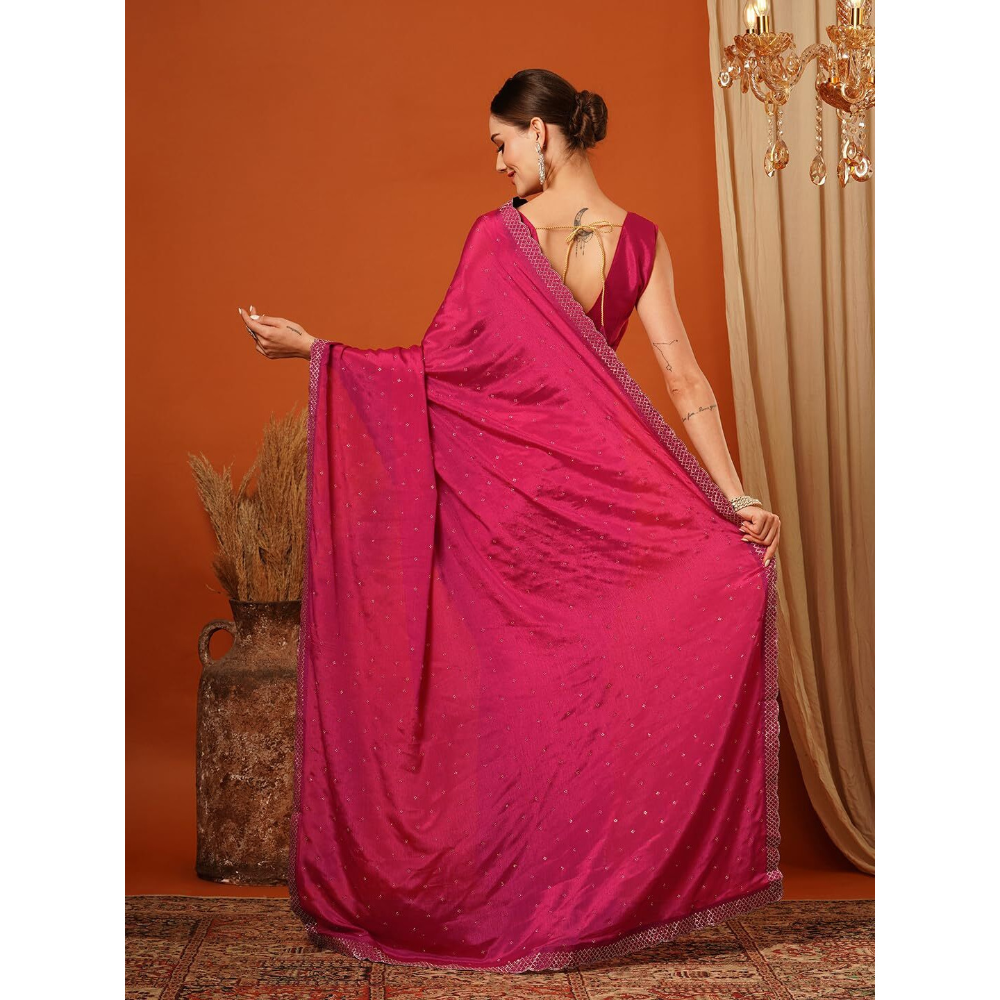 Villagius Bollywood Silk Blend Saree with Swarovski Crystals - Luxury Self-Design, Ethereal Look for Red Carpet Events & Lavish Weddings (PINK)