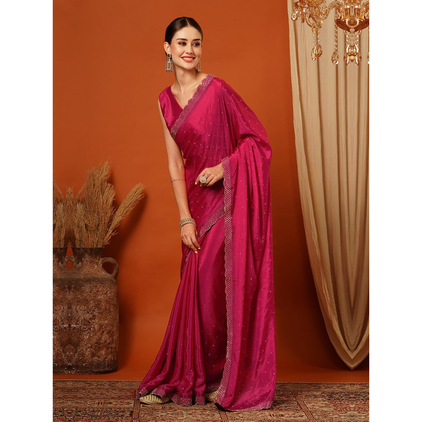 Villagius Bollywood Silk Blend Saree with Swarovski Crystals - Luxury Self-Design, Ethereal Look for Red Carpet Events & Lavish Weddings (PINK)