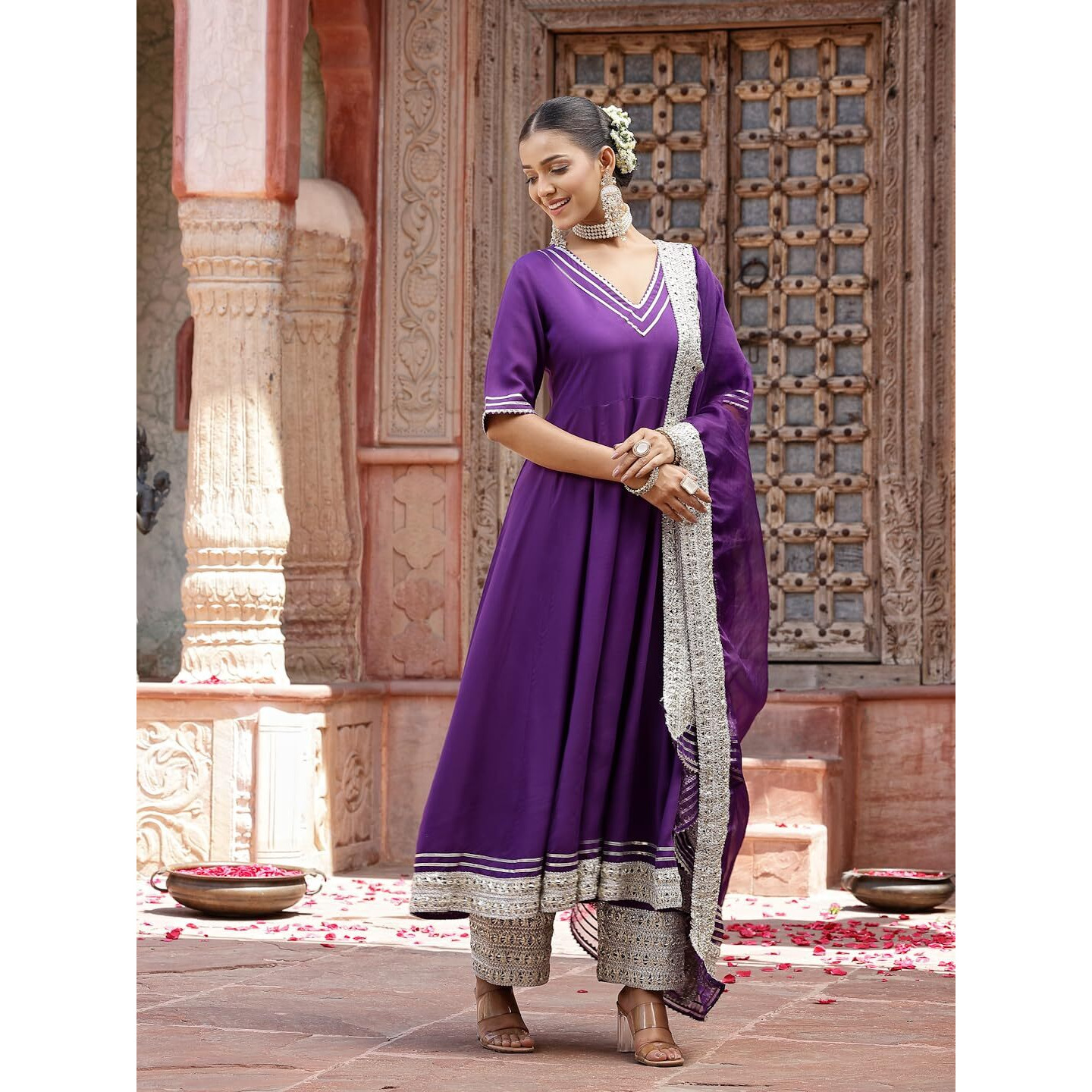 Stylum Women's Solid Rayon Anarkali Kurta Pant & Dupatta Set (KPDVOILKIVI42_Violet, XL)