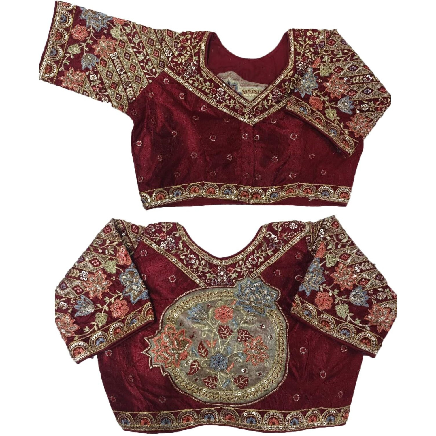 Pujia Mills Women's Readymade Ethnic Wear Golden Codding with Multi Embroidery Sequence Work Sweetheart Neck Half Sleeve Readymade Bridal Maroon Saree Blouse Readymade Net Cutwork Blouse for Lehenga