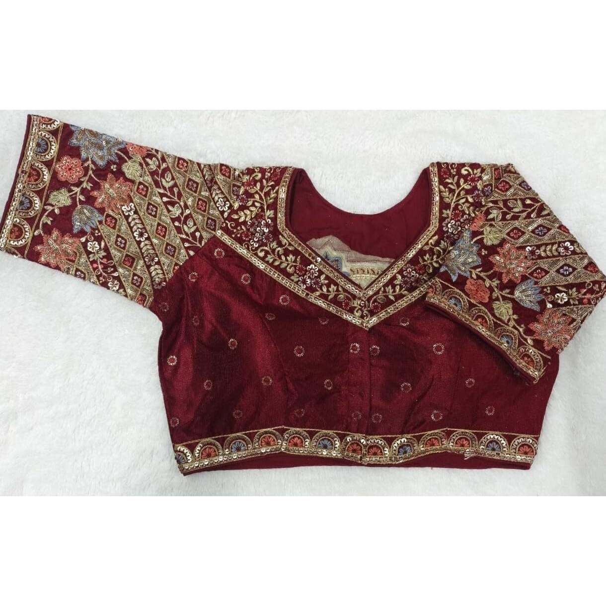 Pujia Mills Women's Readymade Ethnic Wear Golden Codding with Multi Embroidery Sequence Work Sweetheart Neck Half Sleeve Readymade Bridal Maroon Saree Blouse Readymade Net Cutwork Blouse for Lehenga