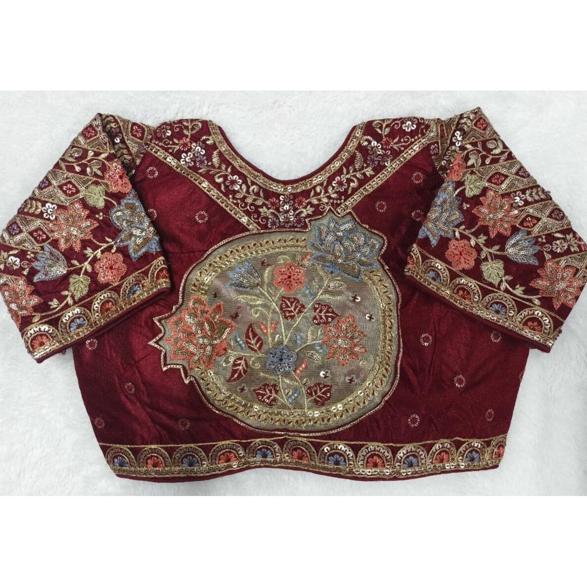 Pujia Mills Women's Readymade Ethnic Wear Golden Codding with Multi Embroidery Sequence Work Sweetheart Neck Half Sleeve Readymade Bridal Maroon Saree Blouse Readymade Net Cutwork Blouse for Lehenga
