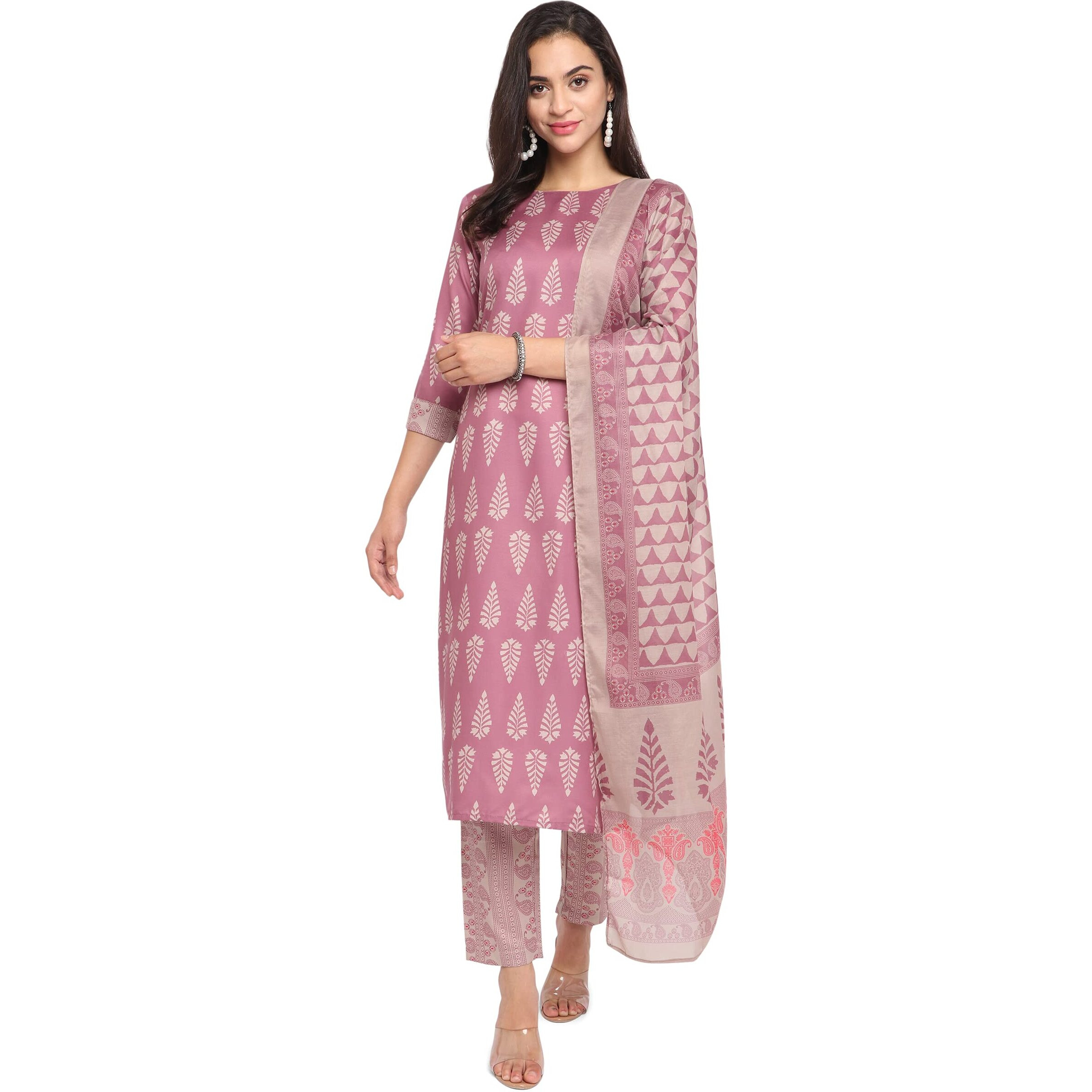 NAINVISH Women's Rayon Straight Printed Round Neck Kurta Pant with Dupatta (SD116_KBD-S_Pastel Pink)