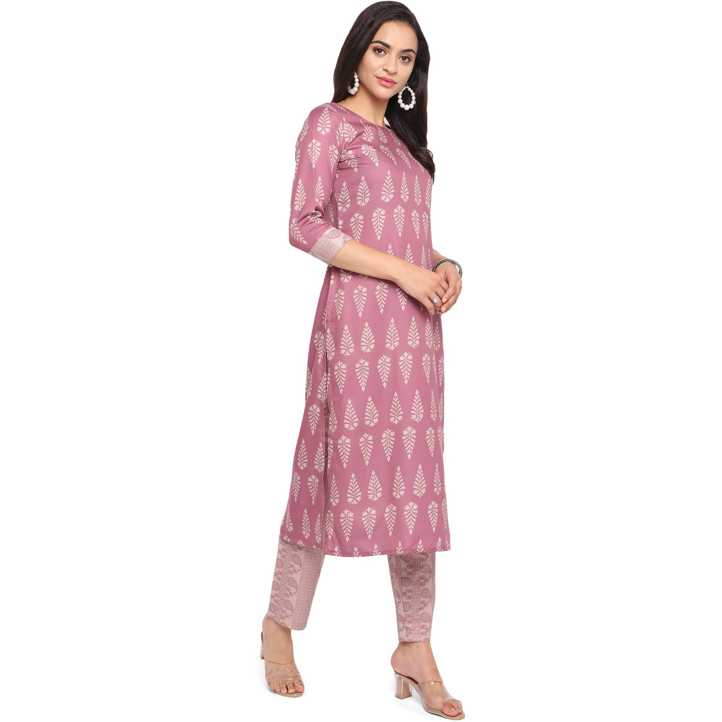 NAINVISH Women's Rayon Straight Printed Round Neck Kurta Pant with Dupatta (SD116_KBD-S_Pastel Pink)