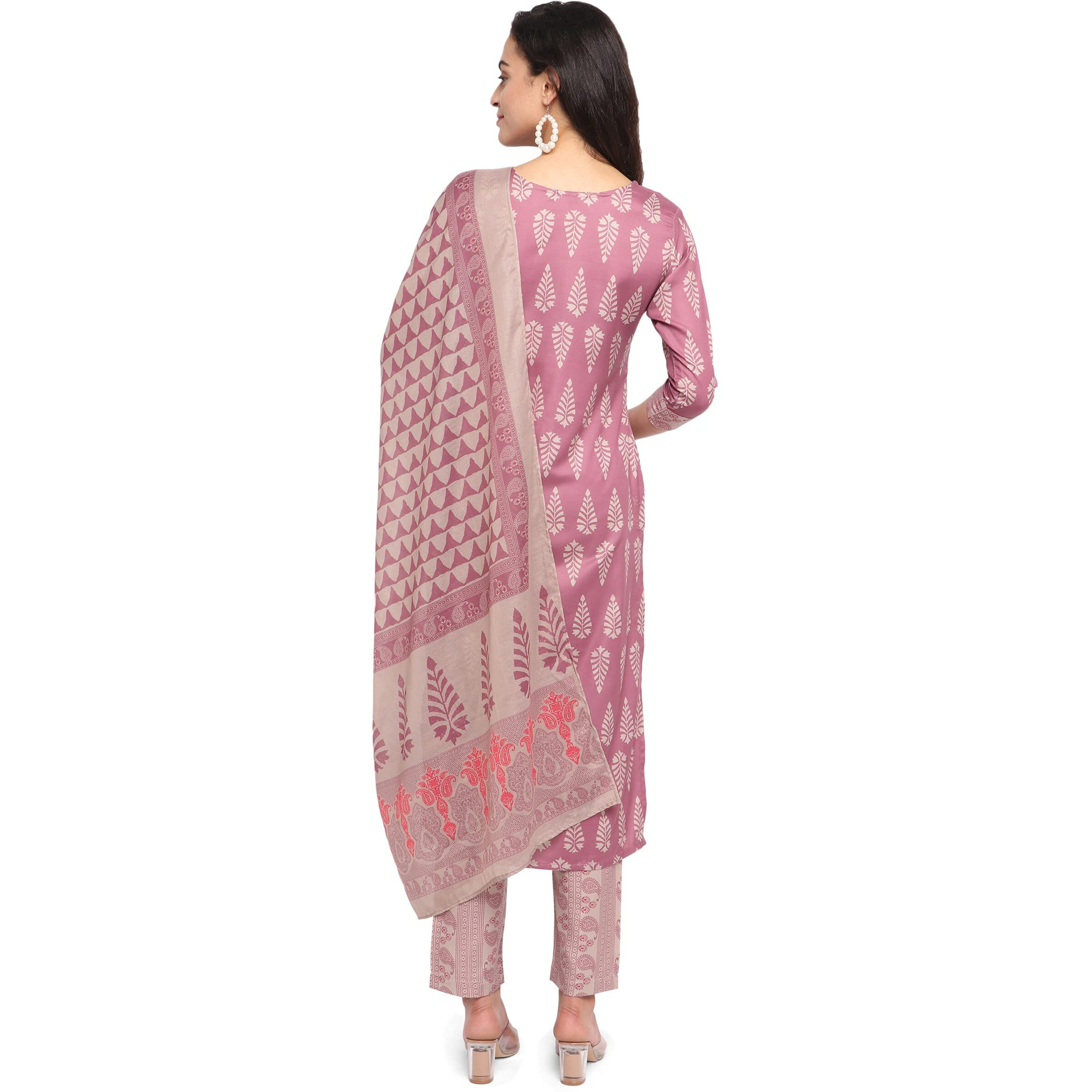 NAINVISH Women's Rayon Straight Printed Round Neck Kurta Pant with Dupatta (SD116_KBD-S_Pastel Pink)