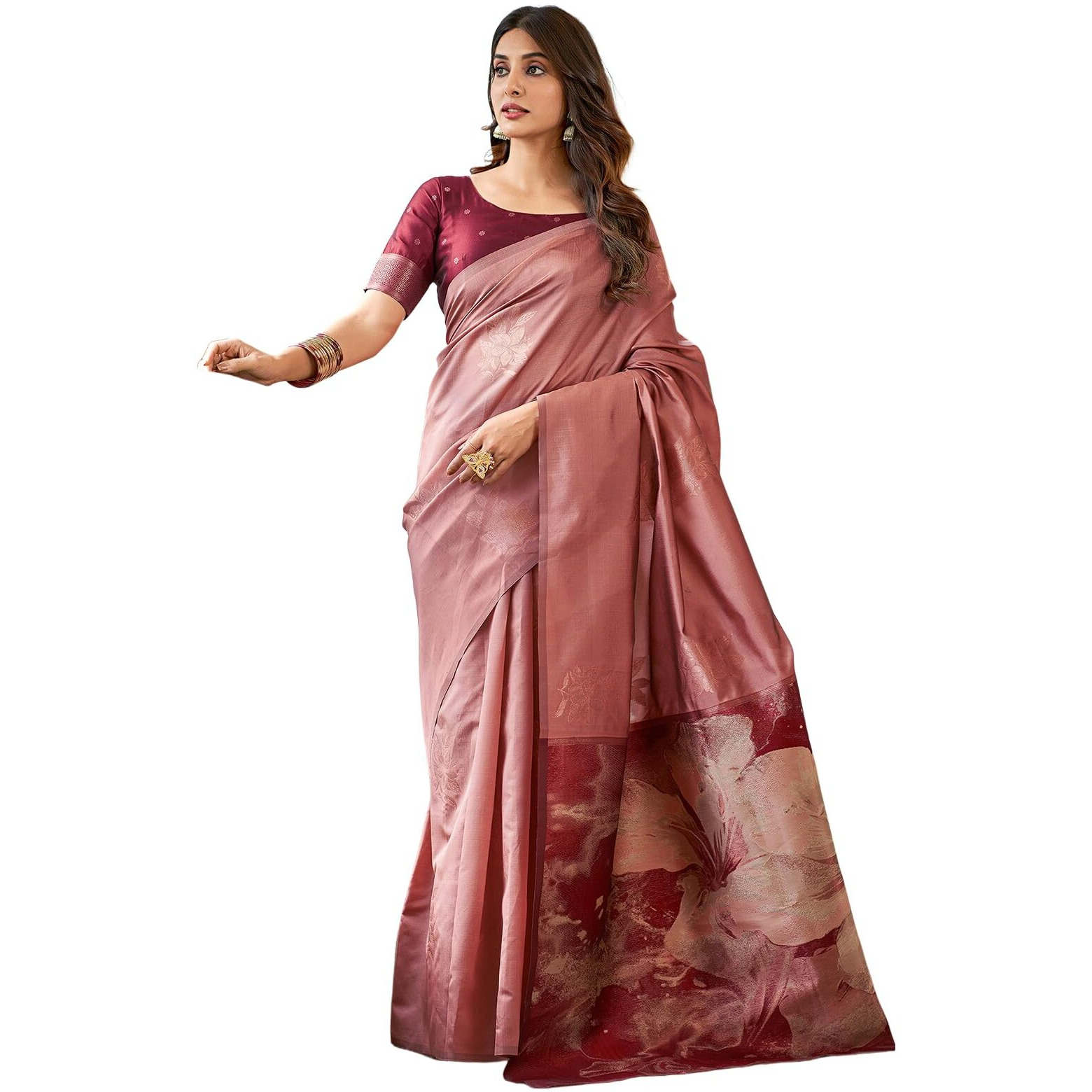 SWARON Women's Banarasi Jacquard Kanjivaram Silk Saree with Unstitched Blouse Piece (3697S112NW_Dark Peach)
