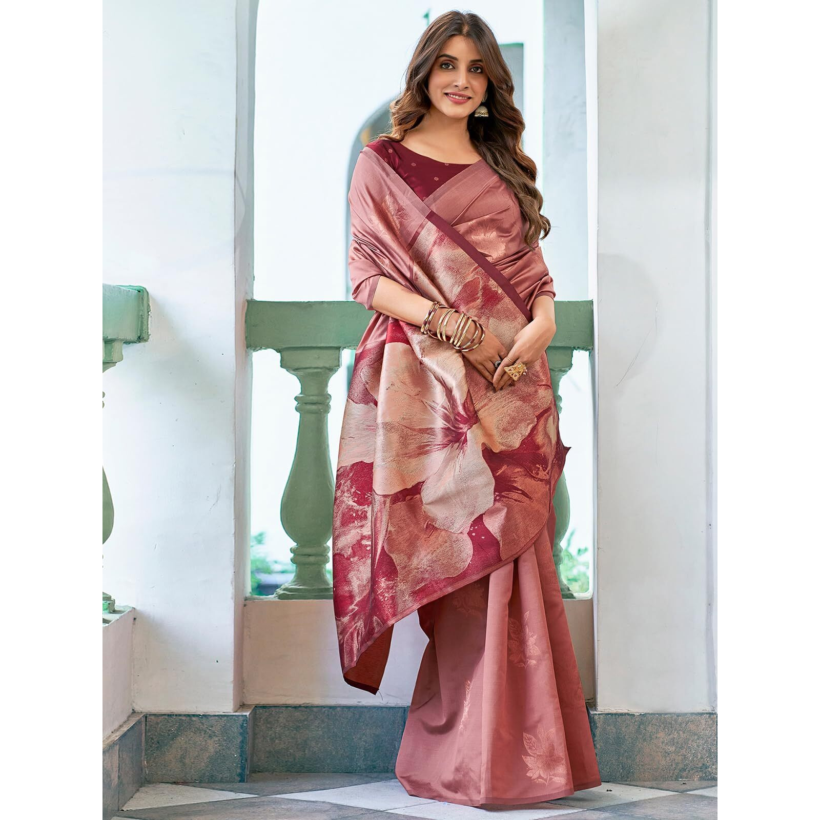 SWARON Women's Banarasi Jacquard Kanjivaram Silk Saree with Unstitched Blouse Piece (3697S112NW_Dark Peach)