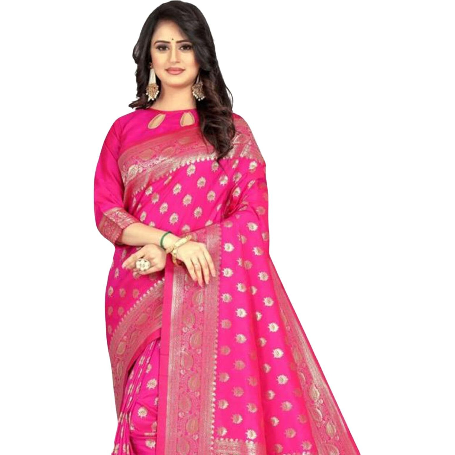 SAMAH Women's Jacquard Art Silk Saree (3591S314NA_Rani Pink)