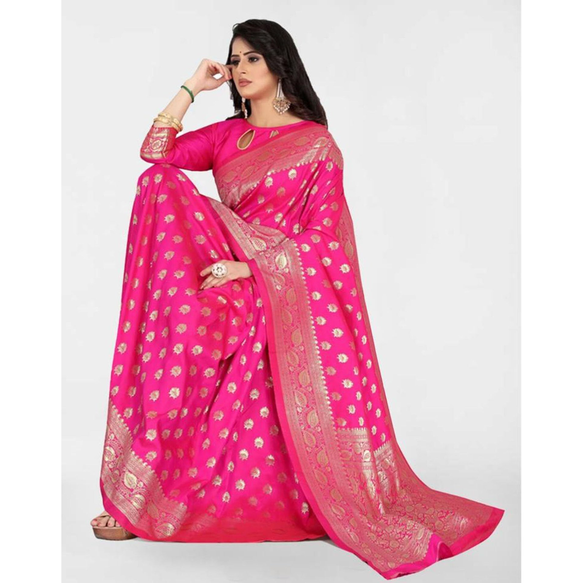 SAMAH Women's Jacquard Art Silk Saree (3591S314NA_Rani Pink)