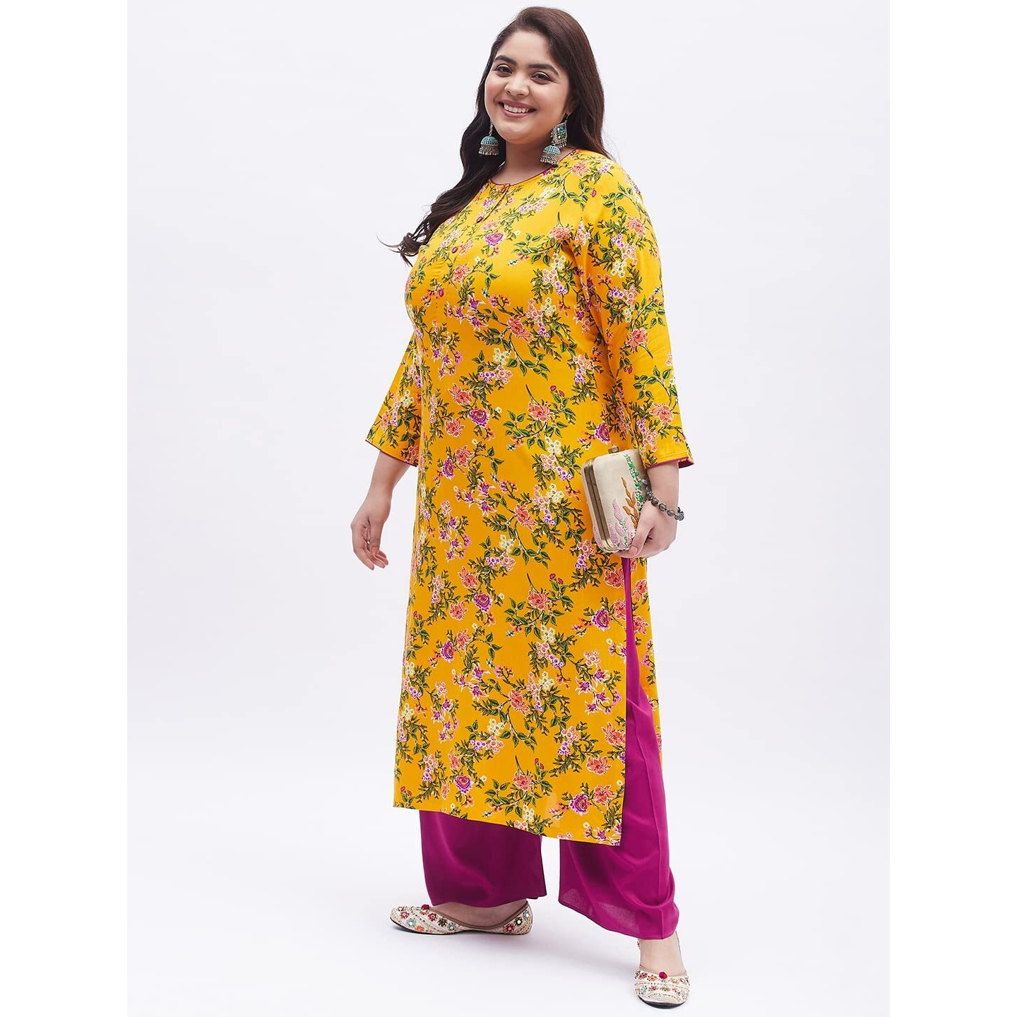 Tissu Women's Plus Size Yellow & Pink Printed Kurta with Palazzo (T-Plus-642_Yellow_3XL)