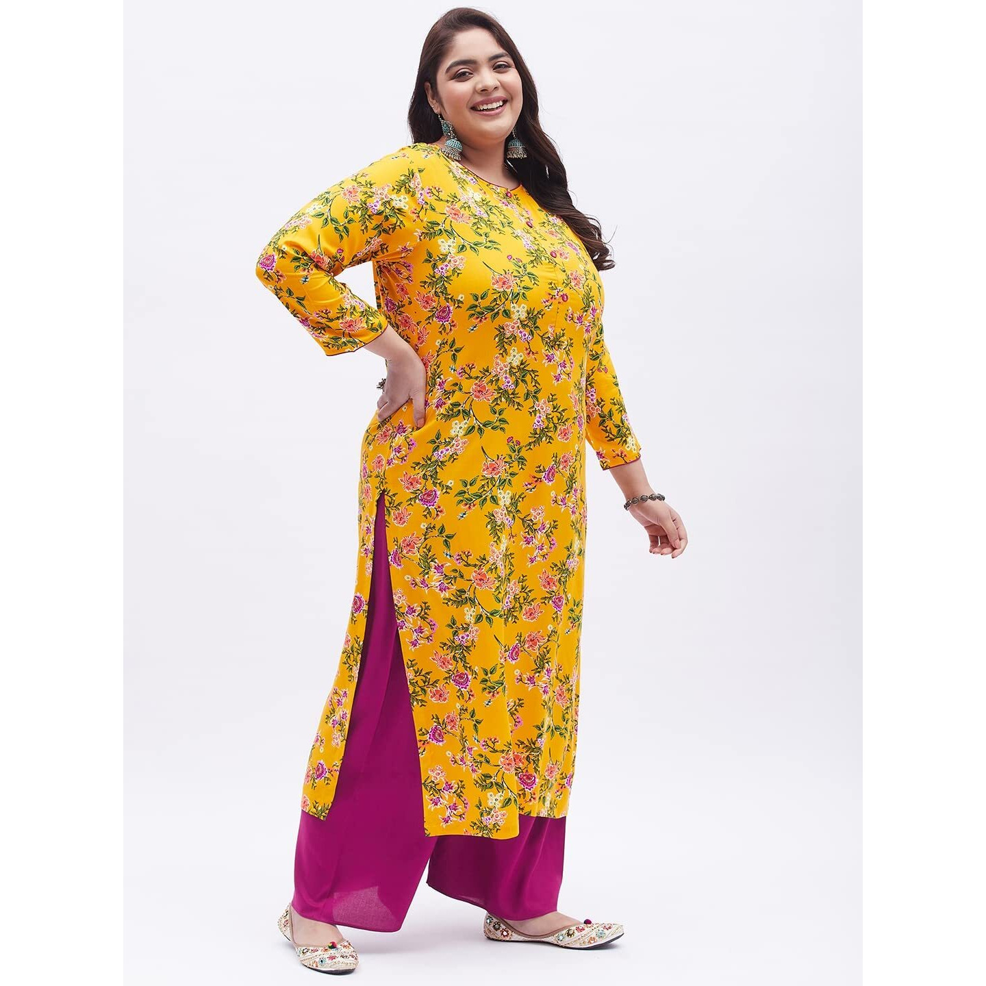 Tissu Women's Plus Size Yellow & Pink Printed Kurta with Palazzo (T-Plus-642_Yellow_3XL)