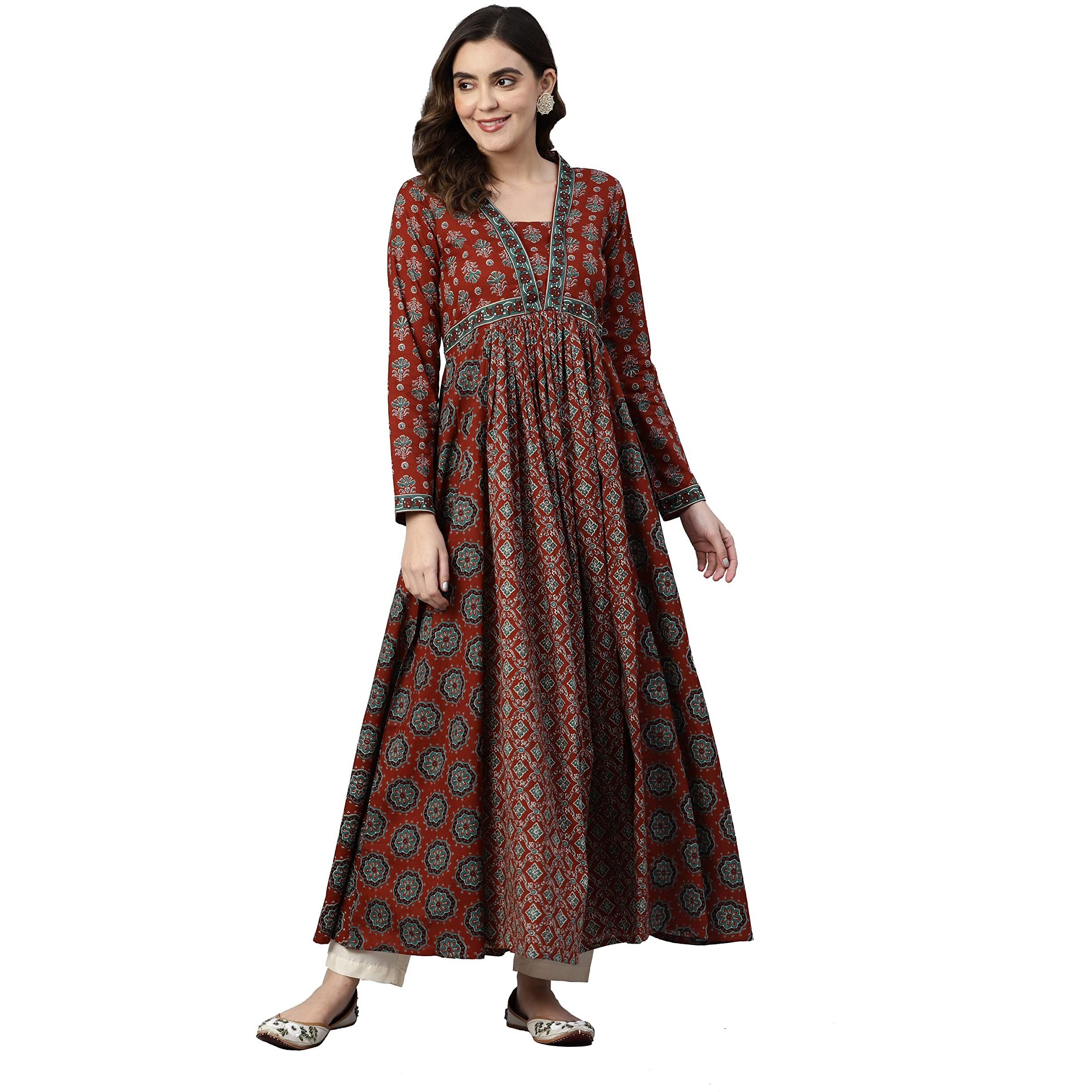 Vbuyz Women's Cotton Floral Print Anarkali Stitched Kurta (VF-KU-2041-42_Maroon_XL)