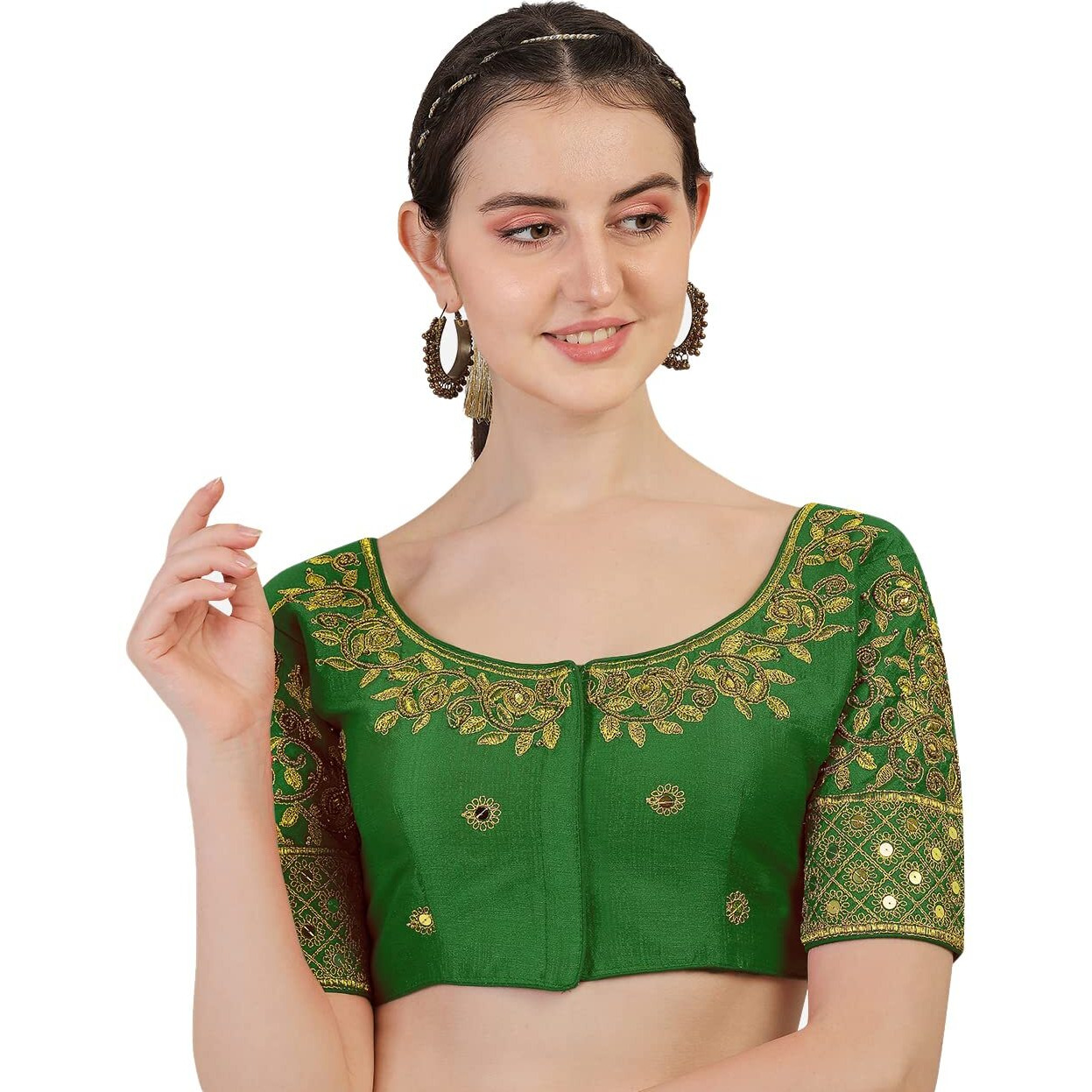Vihu Fashion Women's Silk Floral Half Sleeve Blouse (gwaliya Blouse_Green_38)