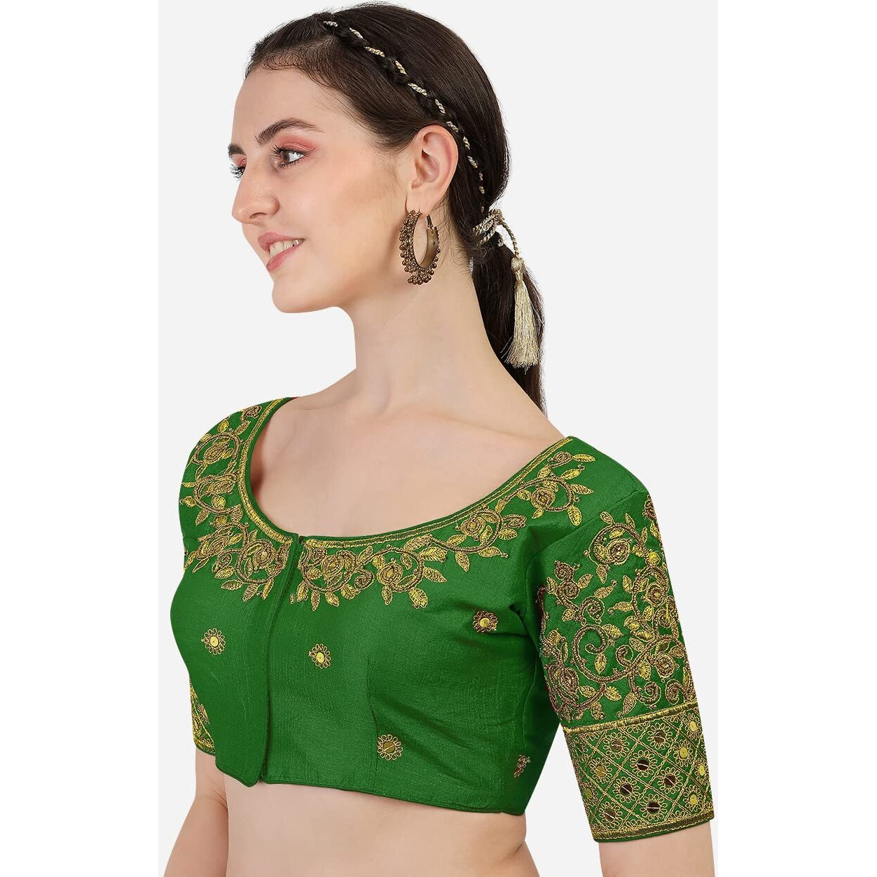 Vihu Fashion Women's Silk Floral Half Sleeve Blouse (gwaliya Blouse_Green_38)