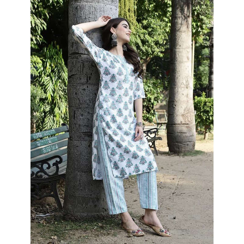 Pinkmint Salwar Suit For Women Cotton Flower Printed Kurta & Straight Pant With Dupatta
