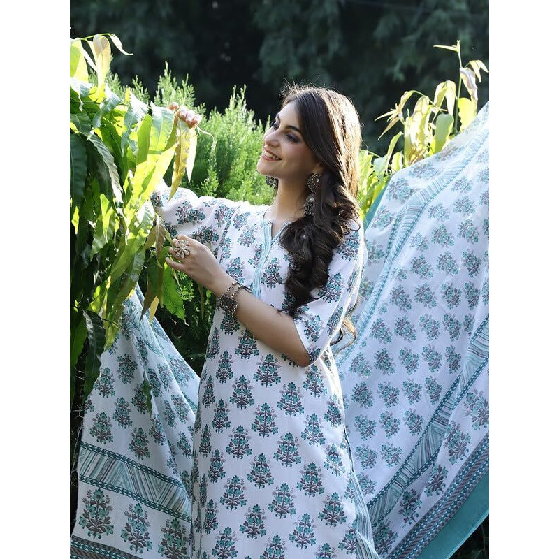 Pinkmint Salwar Suit For Women Cotton Flower Printed Kurta & Straight Pant With Dupatta