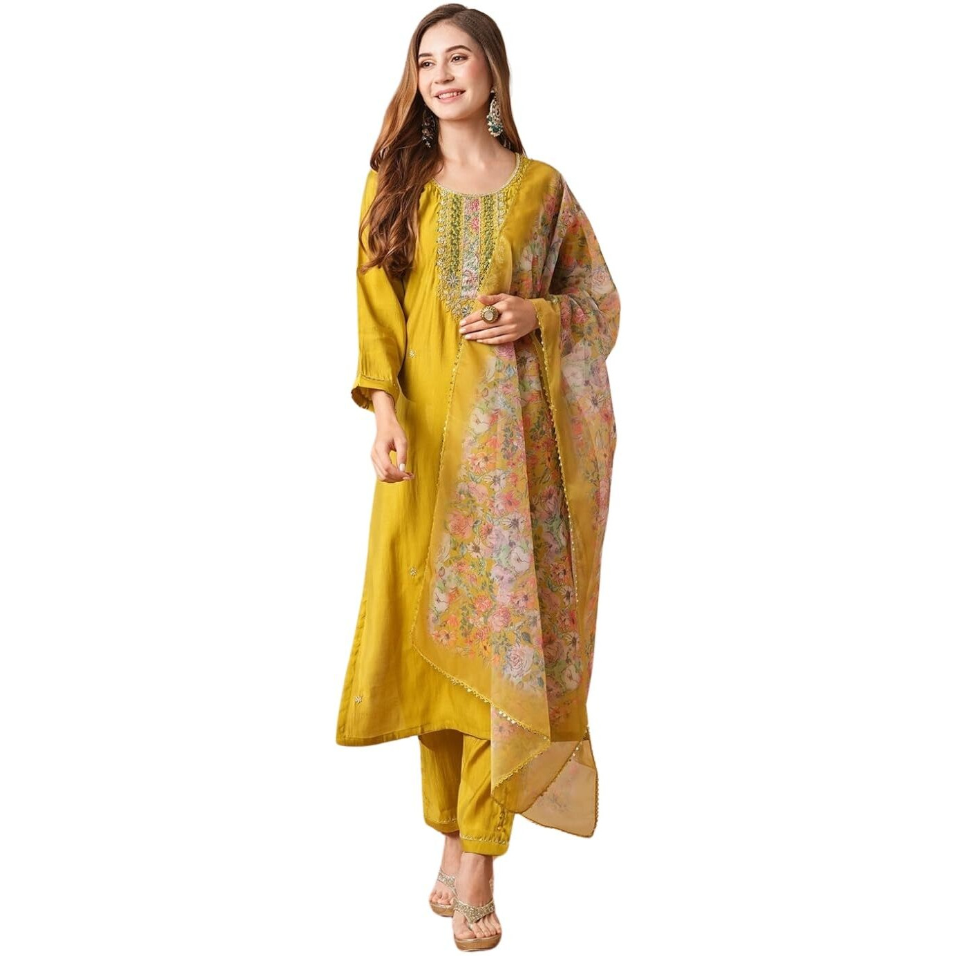 Naixa Women's Mustard Chanderi Cotton Embroidered Straight Kurta with Chanderi Cotton Pant and Organza Printed Dupatta Sets (NX-Shree-Mustard-XXL)