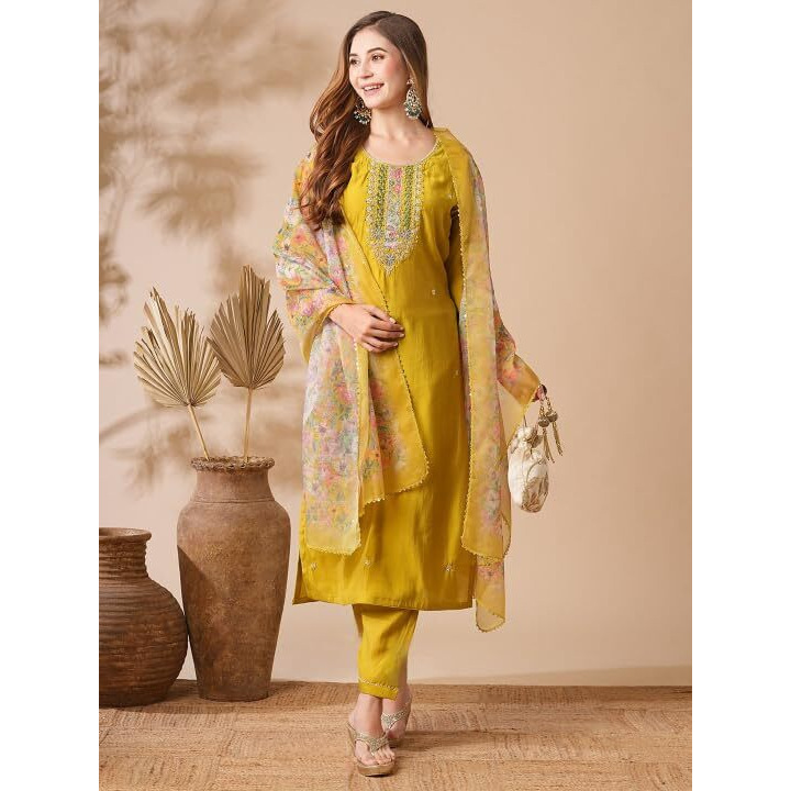 Naixa Women's Mustard Chanderi Cotton Embroidered Straight Kurta with Chanderi Cotton Pant and Organza Printed Dupatta Sets (NX-Shree-Mustard-XXL)