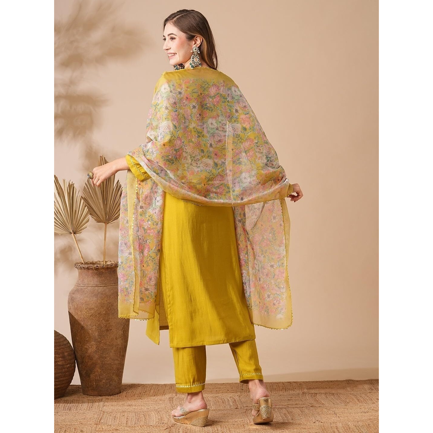 Naixa Women's Mustard Chanderi Cotton Embroidered Straight Kurta with Chanderi Cotton Pant and Organza Printed Dupatta Sets (NX-Shree-Mustard-XXL)