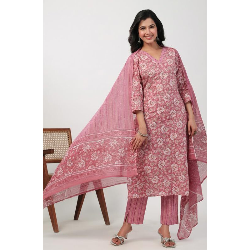 Janasya Women's Pink Cotton Floral Print Straight Kurta Set(JAA24ST00194-XS)