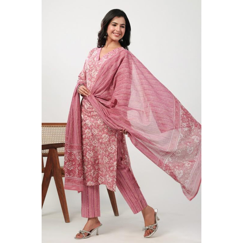 Janasya Women's Pink Cotton Floral Print Straight Kurta Set(JAA24ST00194-XS)