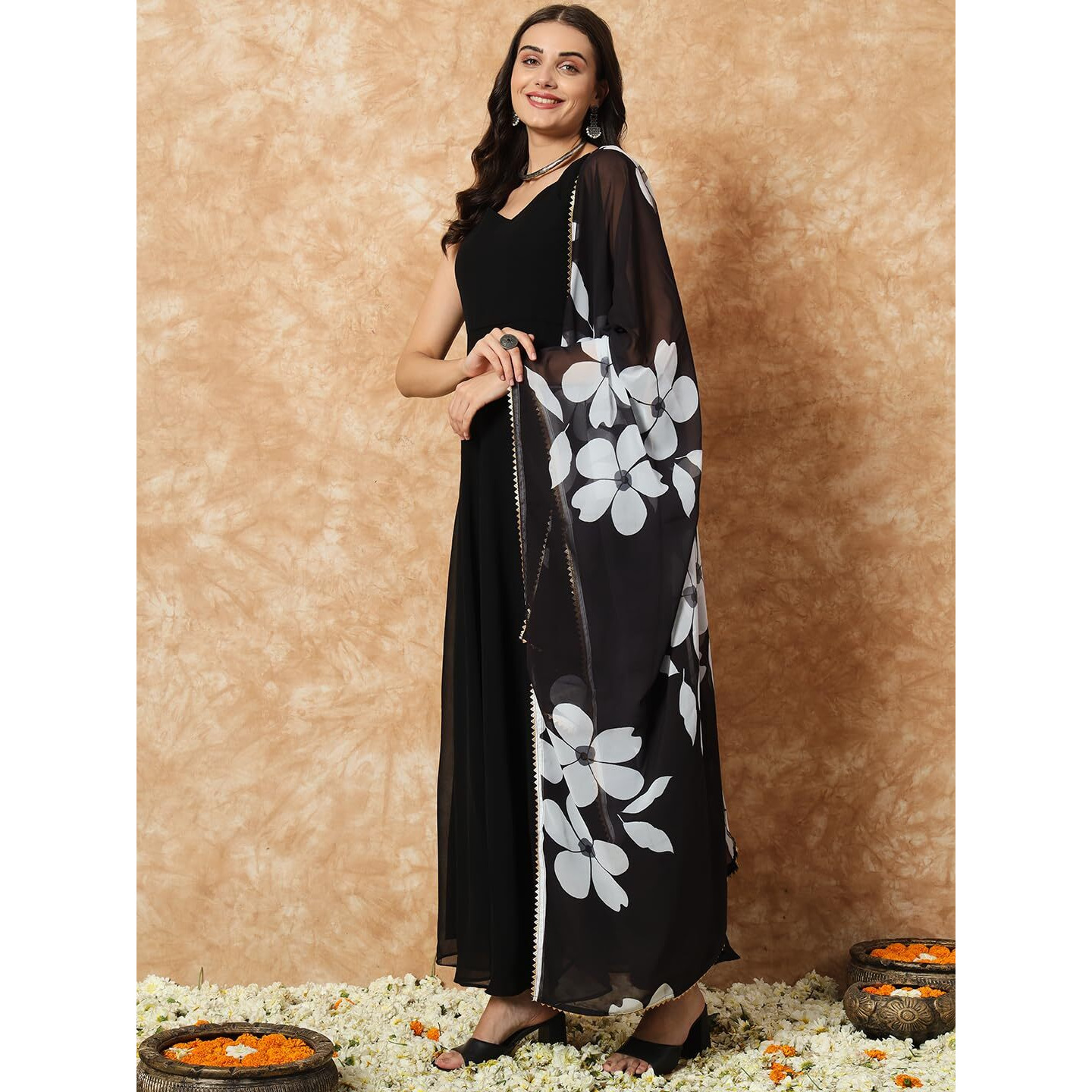 Fashion Basket Women's Georgette Anarkali Kurta Set with Duptta for Women (in, Alpha, XL, Regular, Black)