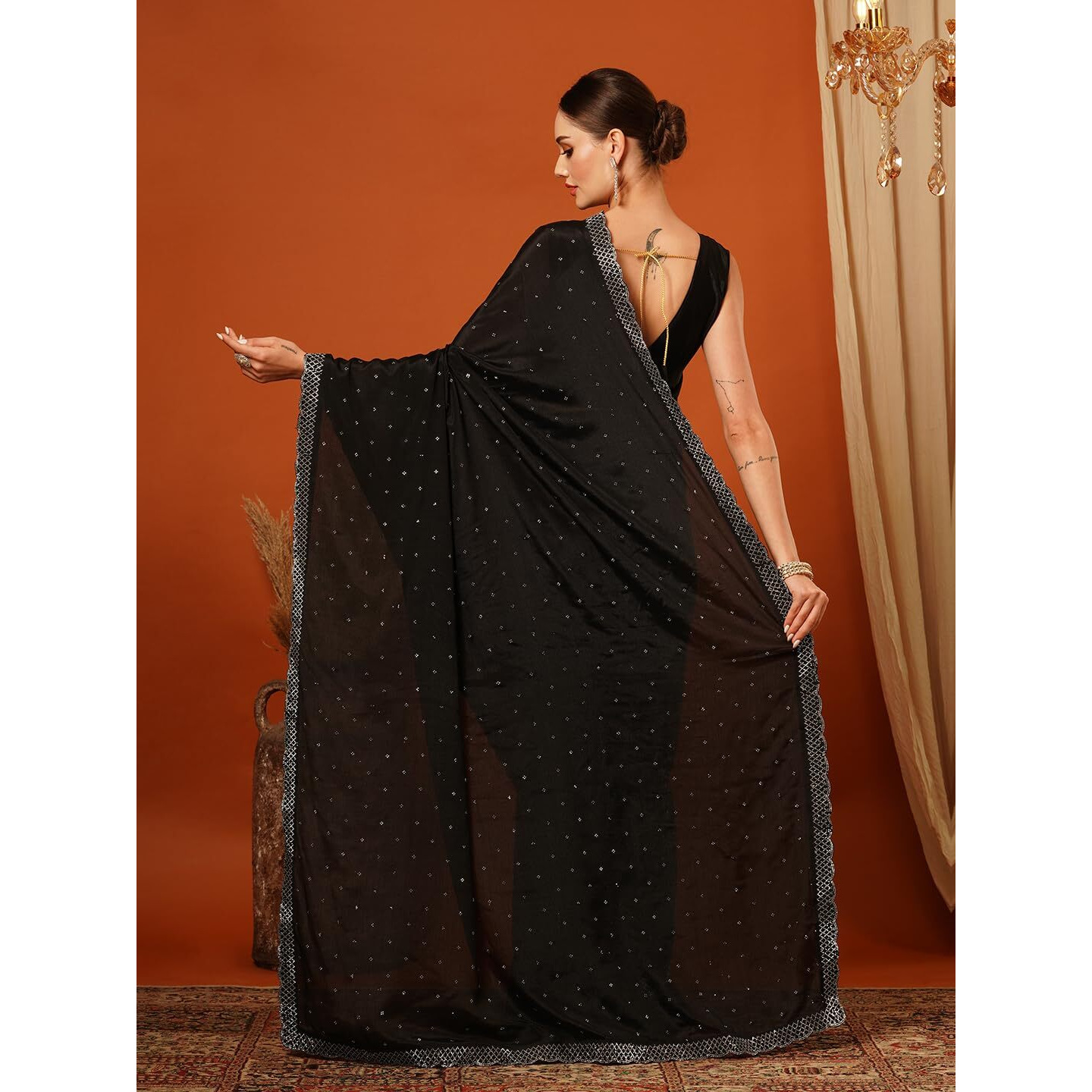 Villagius Bollywood Silk Blend Saree with Swarovski Crystals - Luxury Self-Design, Ethereal Look for Red Carpet Events & Lavish Weddings (BLACK)
