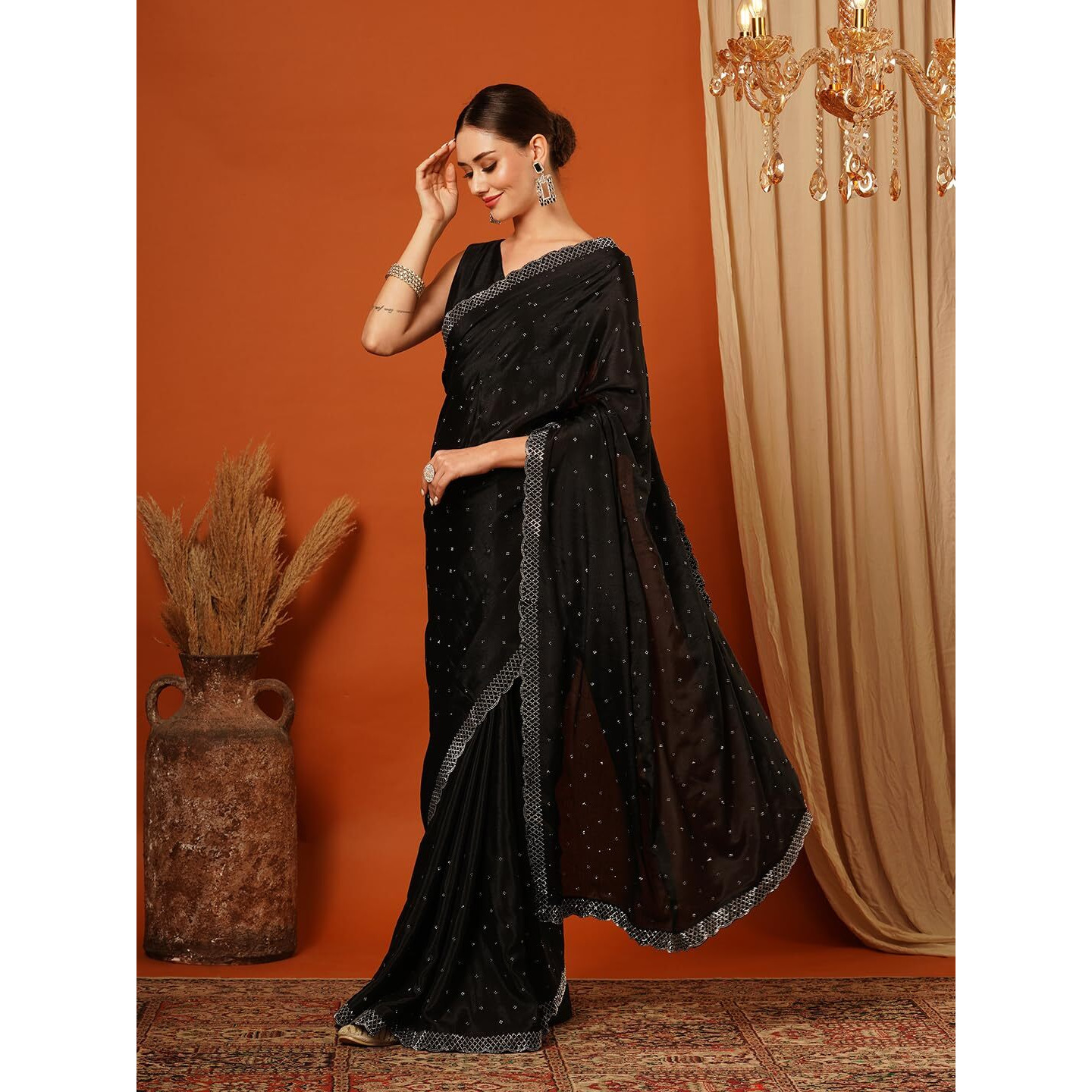 Villagius Bollywood Silk Blend Saree with Swarovski Crystals - Luxury Self-Design, Ethereal Look for Red Carpet Events & Lavish Weddings (BLACK)
