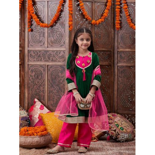 Pspeaches Girl's Silk Blend Kurta Set (KS-GREENVELVET-8_Green