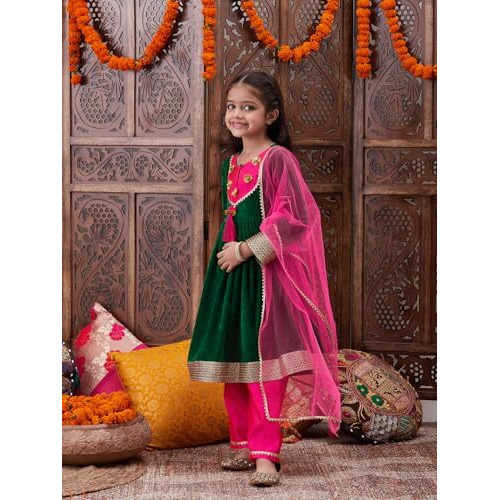 Pspeaches Girl's Silk Blend Kurta Set (KS-GREENVELVET-8_Green