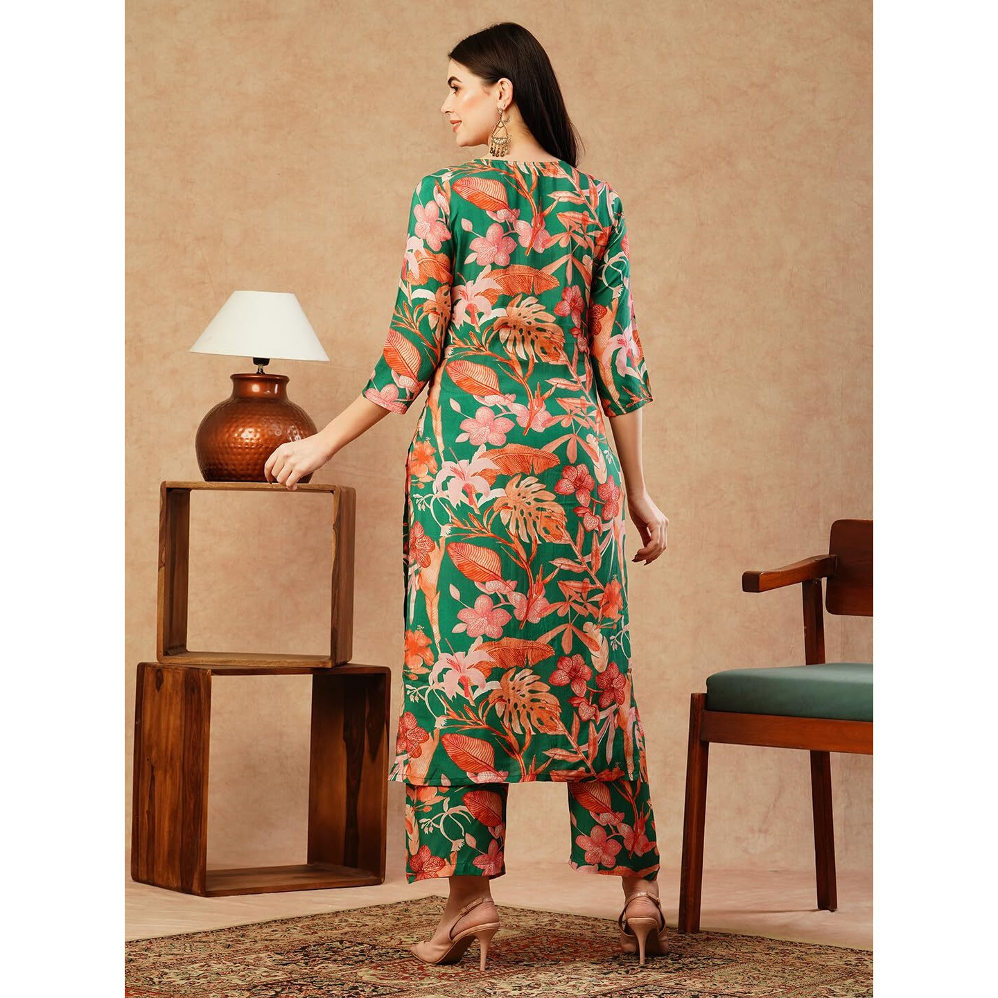 GoSriKi Women's Cotton Blend Straight Printed Kurta with Palazzo (Chinki Green-NW-GS_XL_Green_X-Large)