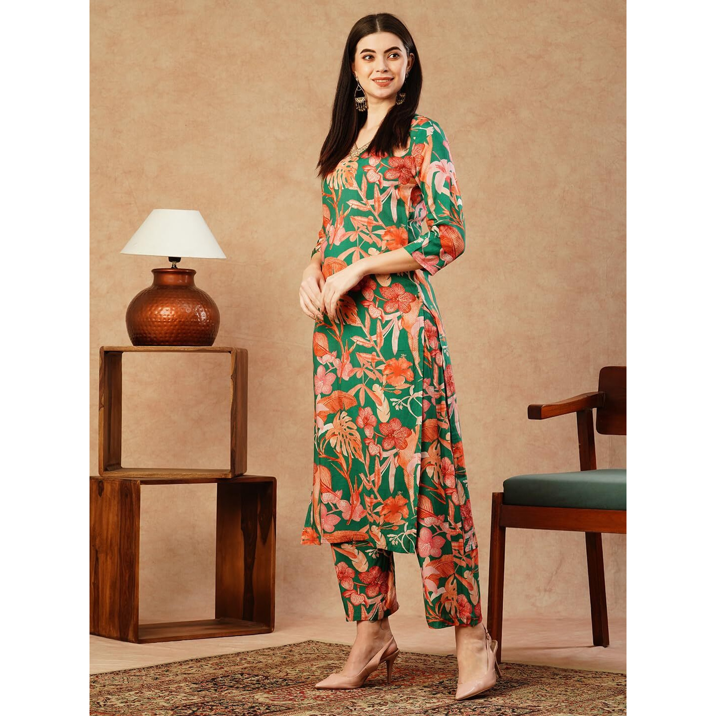 GoSriKi Women's Cotton Blend Straight Printed Kurta with Palazzo (Chinki Green-NW-GS_XL_Green_X-Large)