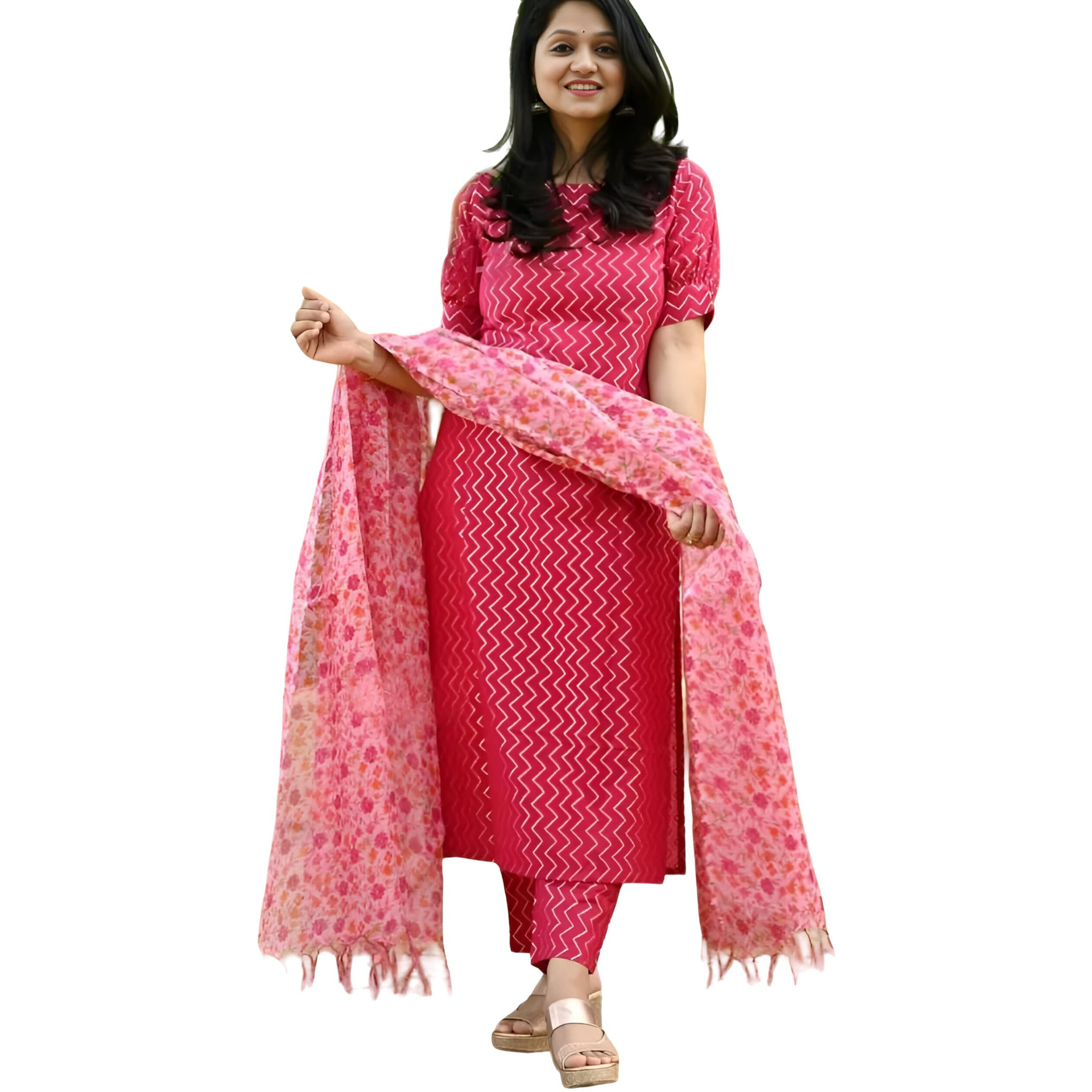 BHARVITA Women's Kurti Printed Pant & Dupatta Cotton Pink (M, Pink)