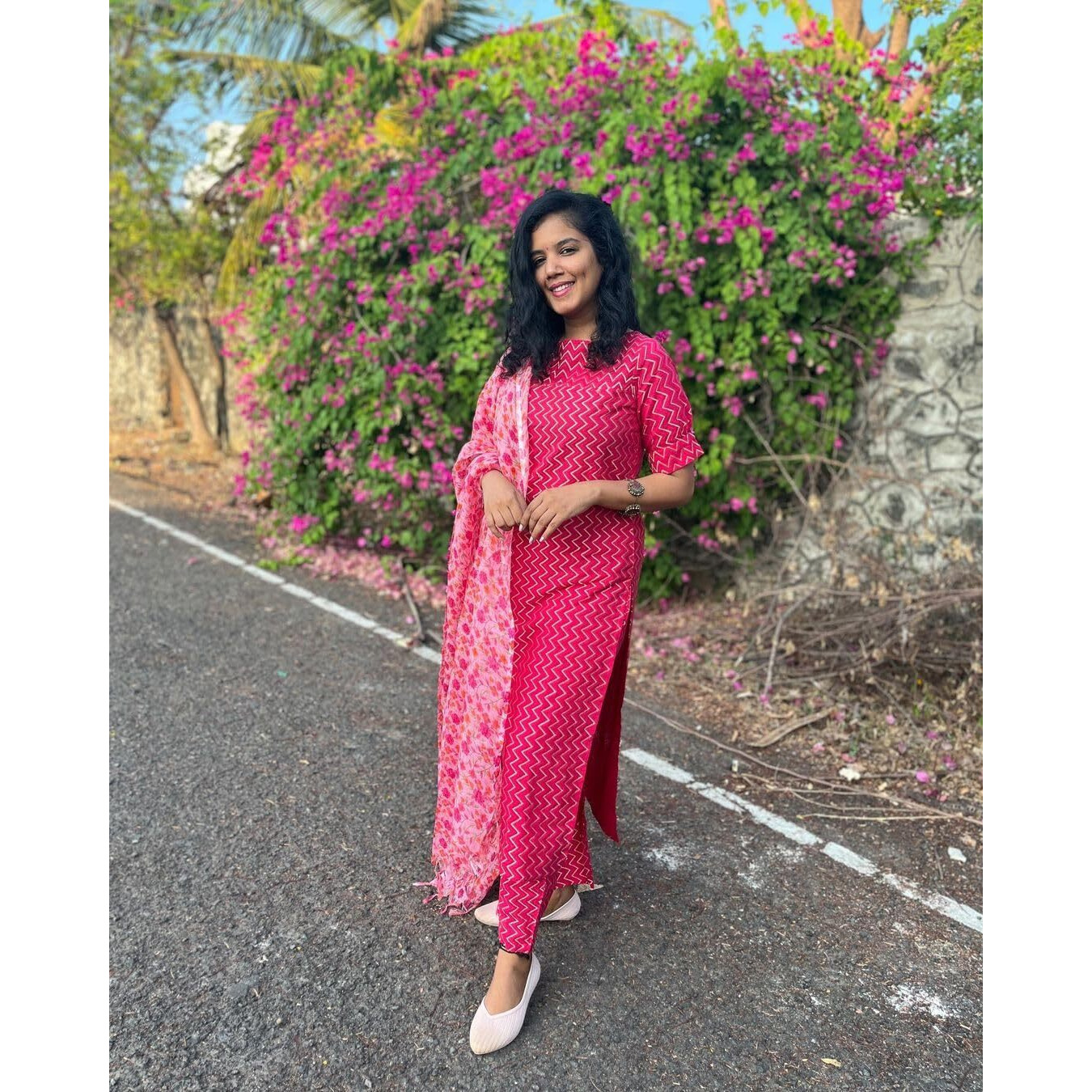 BHARVITA Women's Kurti Printed Pant & Dupatta Cotton Pink (M, Pink)