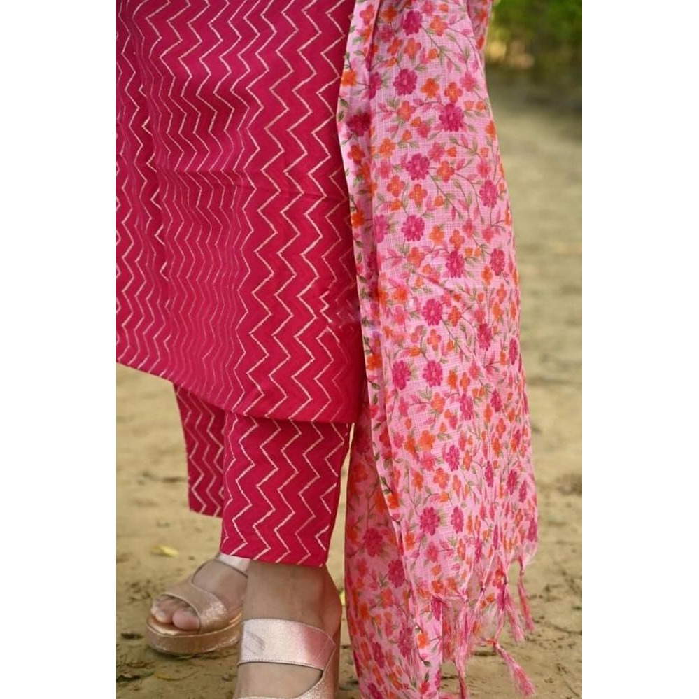 BHARVITA Women's Kurti Printed Pant & Dupatta Cotton Pink (M, Pink)