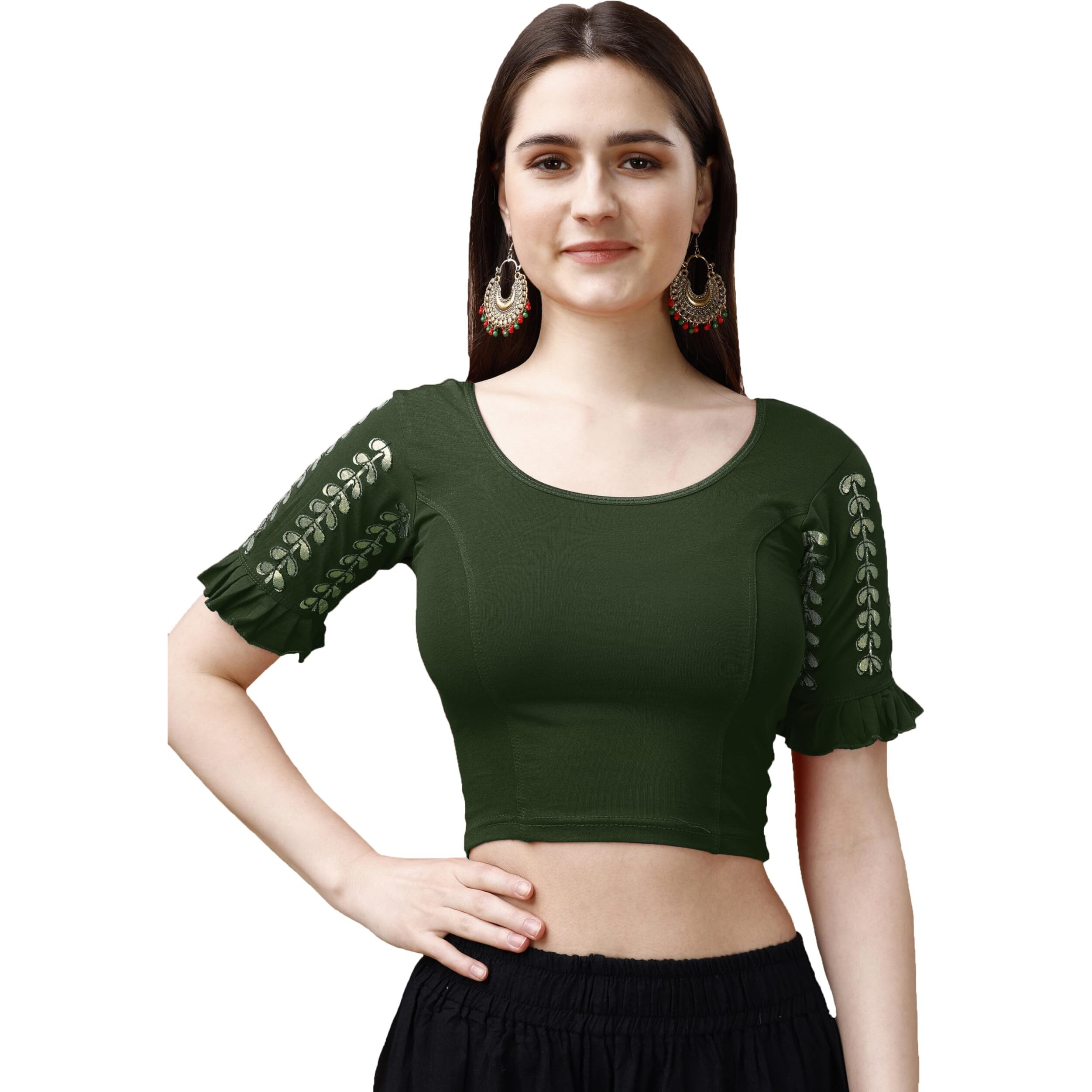 Pujia Mills Women's Lycra Stretchable Readymade Saree Blouse (Teen Patti_Green_38)