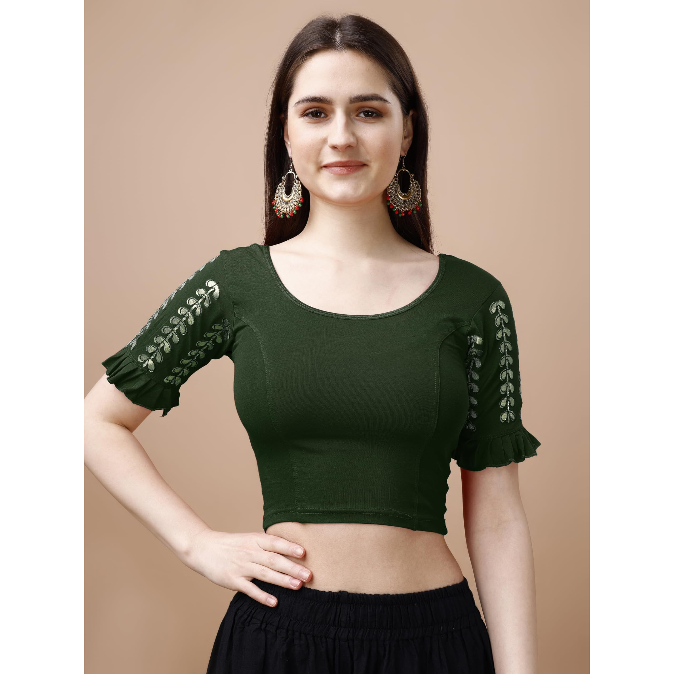 Pujia Mills Women's Lycra Stretchable Readymade Saree Blouse (Teen Patti_Green_38)